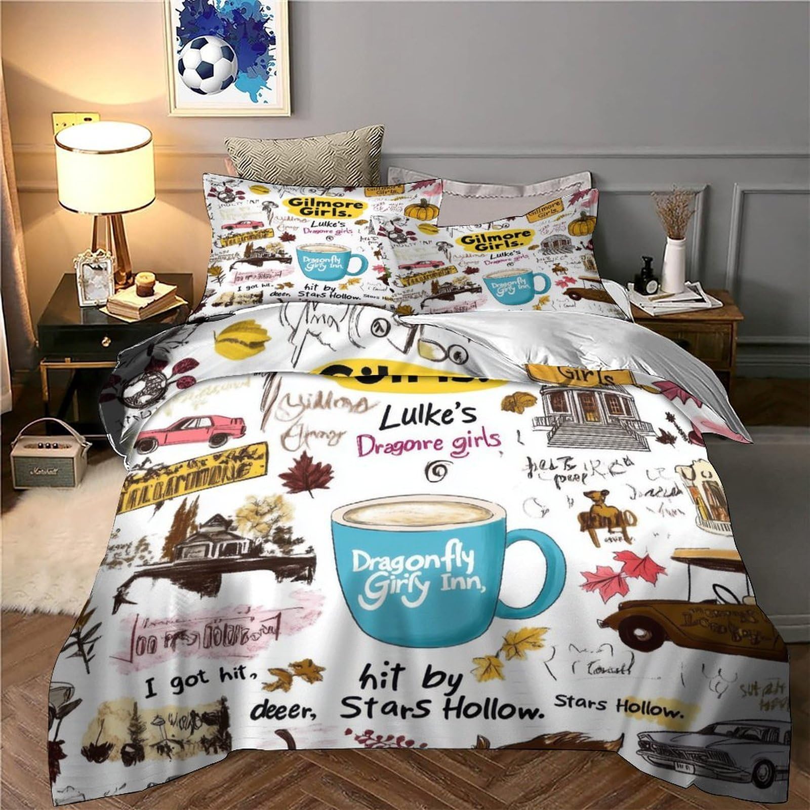 Arte di Gilmore Girls Impressione 3D 3 pz coperteletto illustrazione accogliente disegnata a mano cover piumone microfibra traspirante zip per ragazze adolescenti adulti King（220x240cm）
