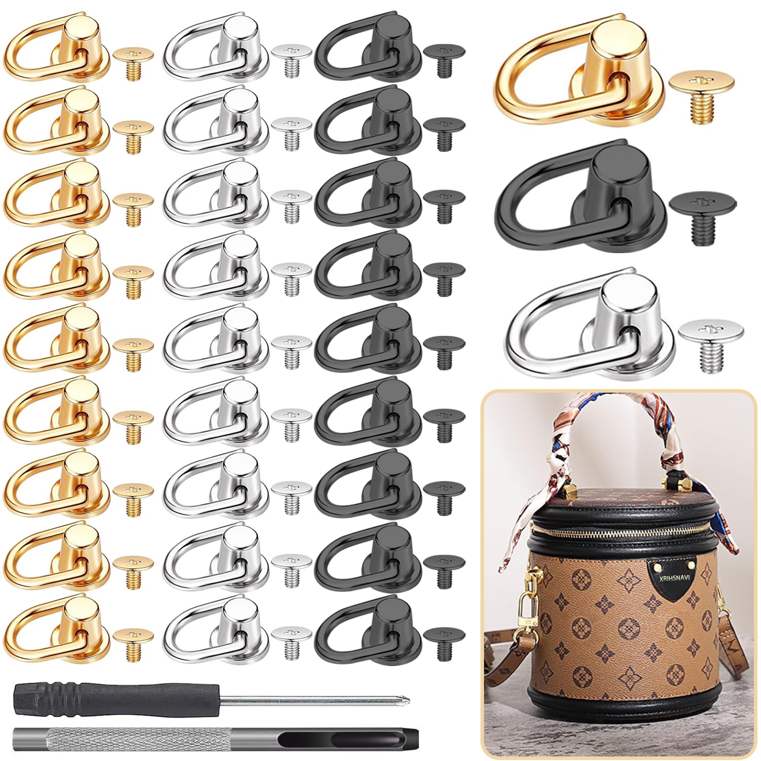 XRIHSNAVI D Ring Stud Screw Ball, 32 pcs D Ring Stud Screw Ball, 180 Degree Rotatable Ball Post Head Buttons with punch tool and screwdriver for DIY