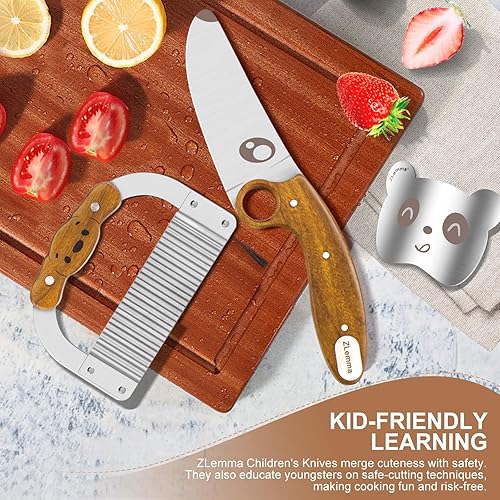 Miniatura 4 de ZLemma Juego de cuchillos de cocina para niños para cocina real con cortador arrugado, kit de cuchillos para niños de 3 piezas con anillo educativo