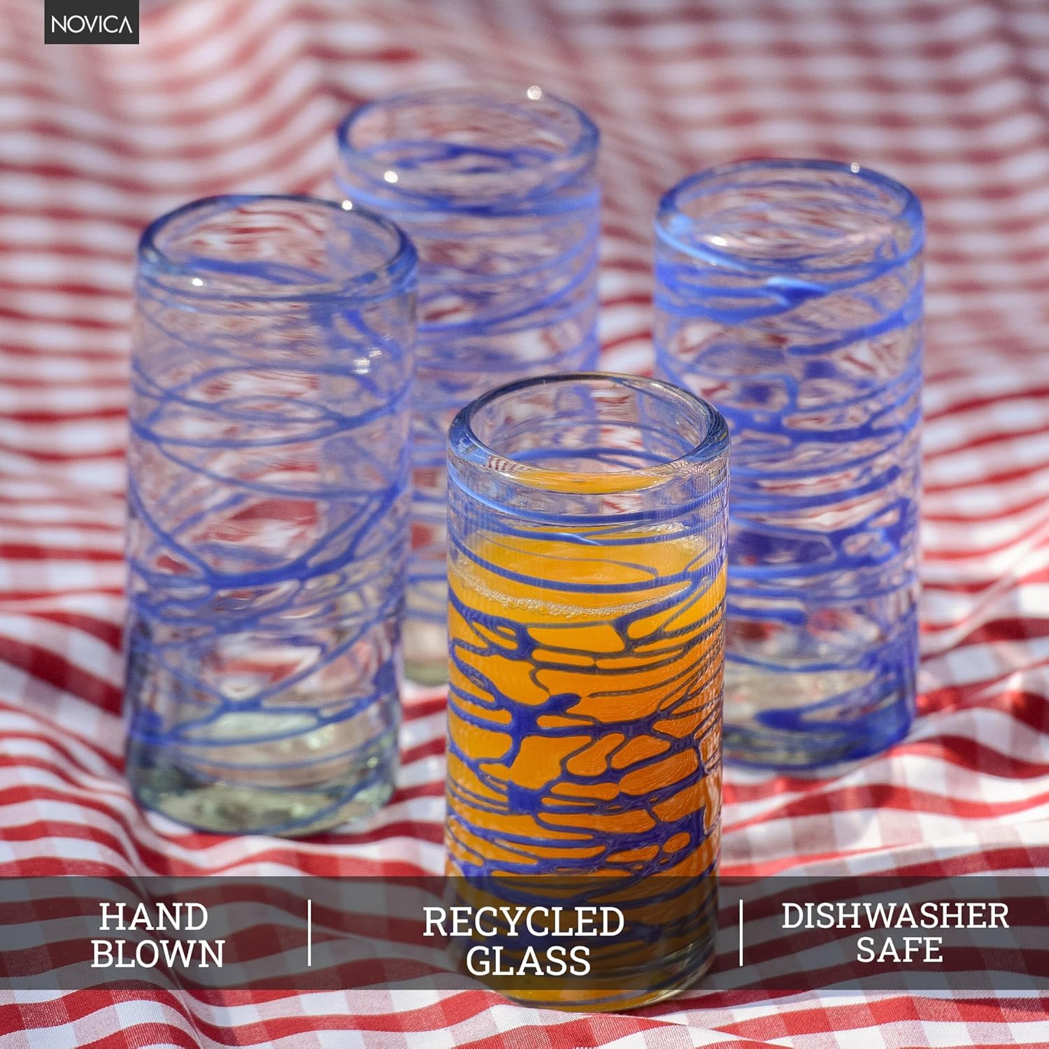 NOVICA Clear Blue Eco-Friendly Blown Glass High Ball Glasses, 11 Oz, 'Sapphire Swirl' (Set Of 6),Blue Clear,TWE0010