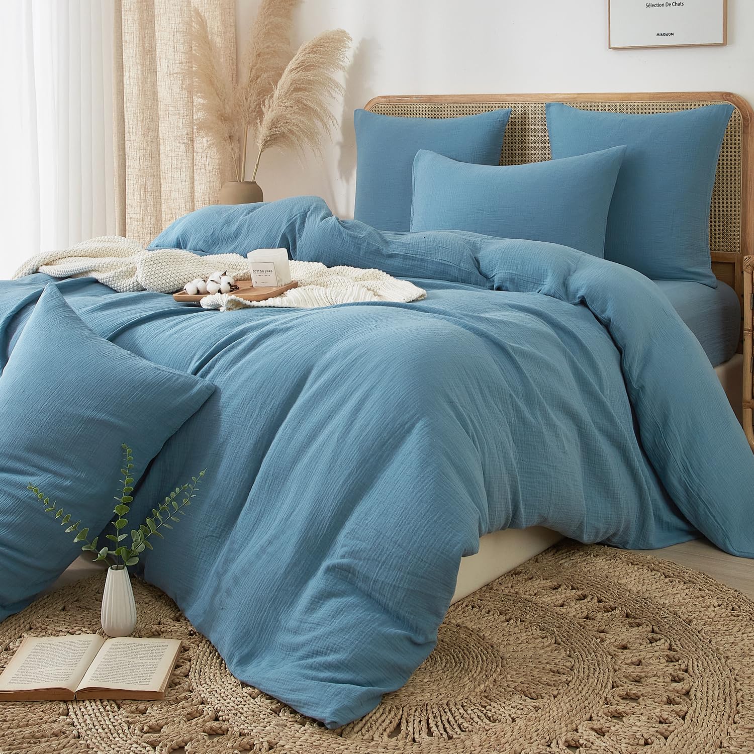 DXHOME Ropa de cama de 220 x 240 cm, muselina azul claro, 100 % algodón, reversible, transpirable, refrescante, con cremallera y 2 fundas de almohada de 80 x 80 cm