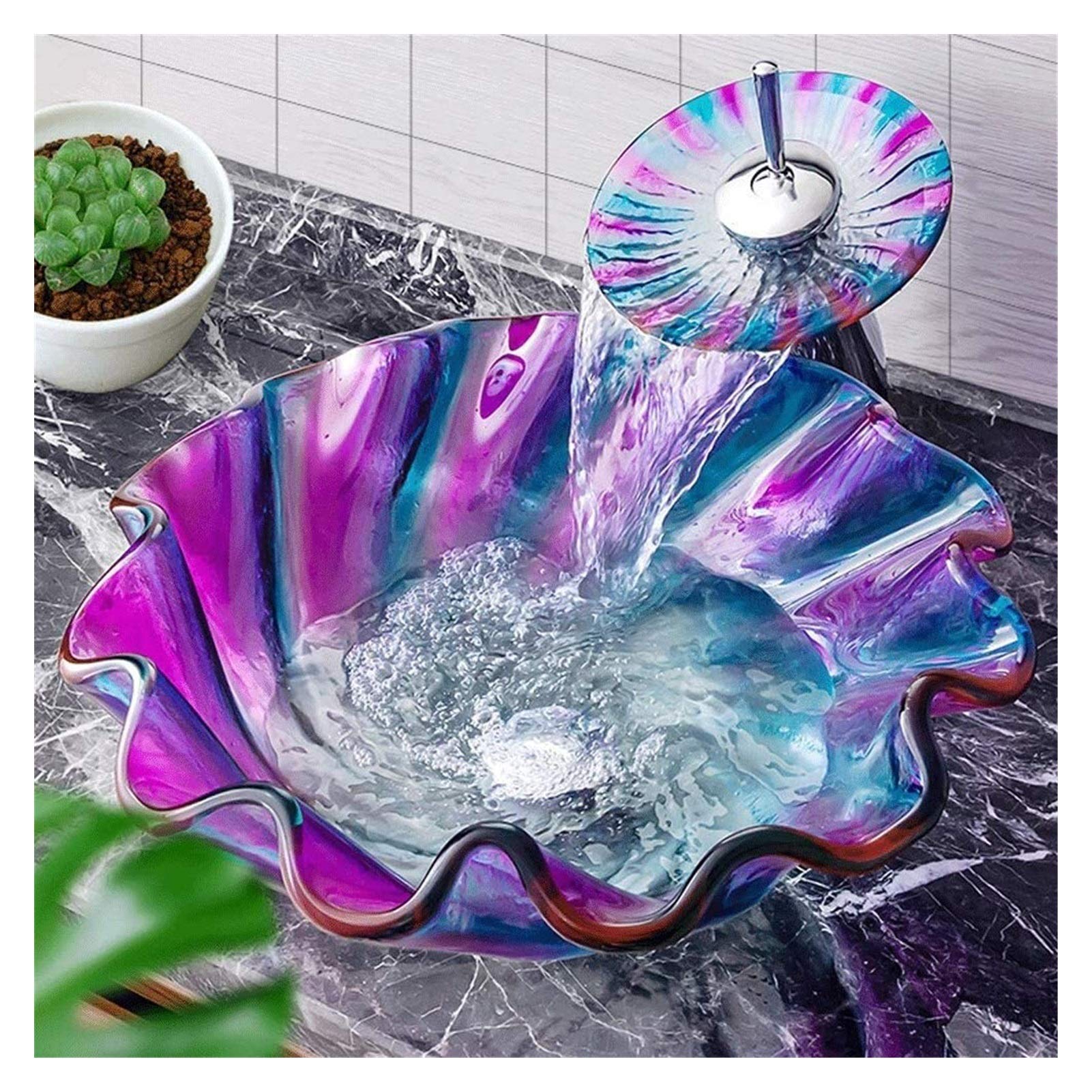 WOTZOV Vanity Unit With Basin,Bathroom Basin Vessels Sink Countertop Basin, Rainbow Tempered Glass Bathroom Vessel Sink Artistic Above Counter Lavatory Basin Swirl Shape Washing Bowl