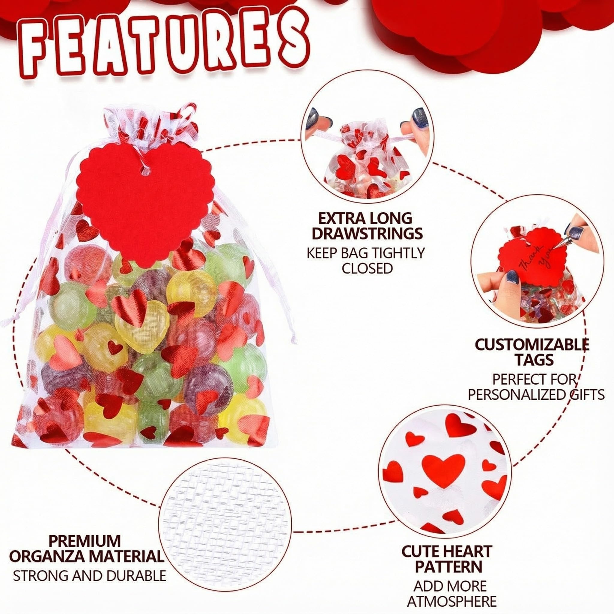 Shappy 100 Pcs Valentine's Day Heart Gift Bags and 100 Pcs Kraft Paper Tags Red Valentine Treat Candy Bag Drawstring Pouches Heart Shaped Paper Tag Name Labels with String for Present(5 x 7 Inch)
