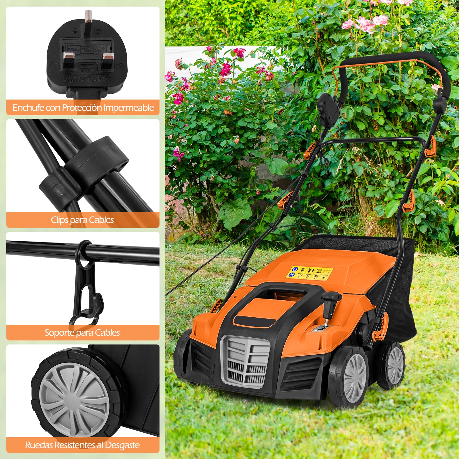 GOPLUS Escarificador Eléctrico, Cortacésped de Empuje con Ajuste de Profundidad de 5 Posiciones, Bolsa de Recolección Desmontable 55 L, Rastrillo Eléctrico Plegable para Cuidado del Césped (Naranja)