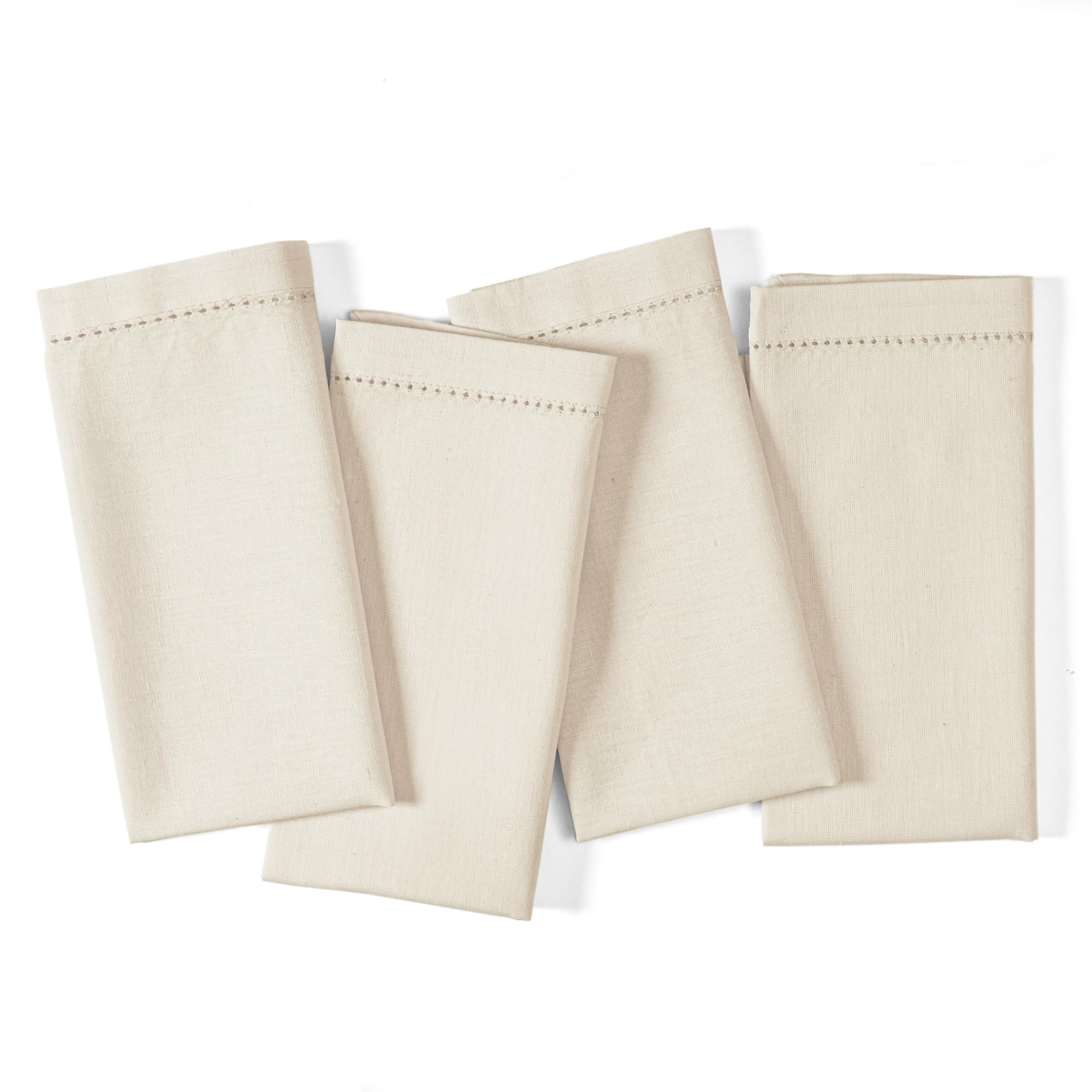 Ramanta Home Cloth Dinner Napkins in Cotton Flax Fabric with Hemstitched Detailing & Tailored Mitered Corners - 20x20 Inches (Set of 4, Natural)