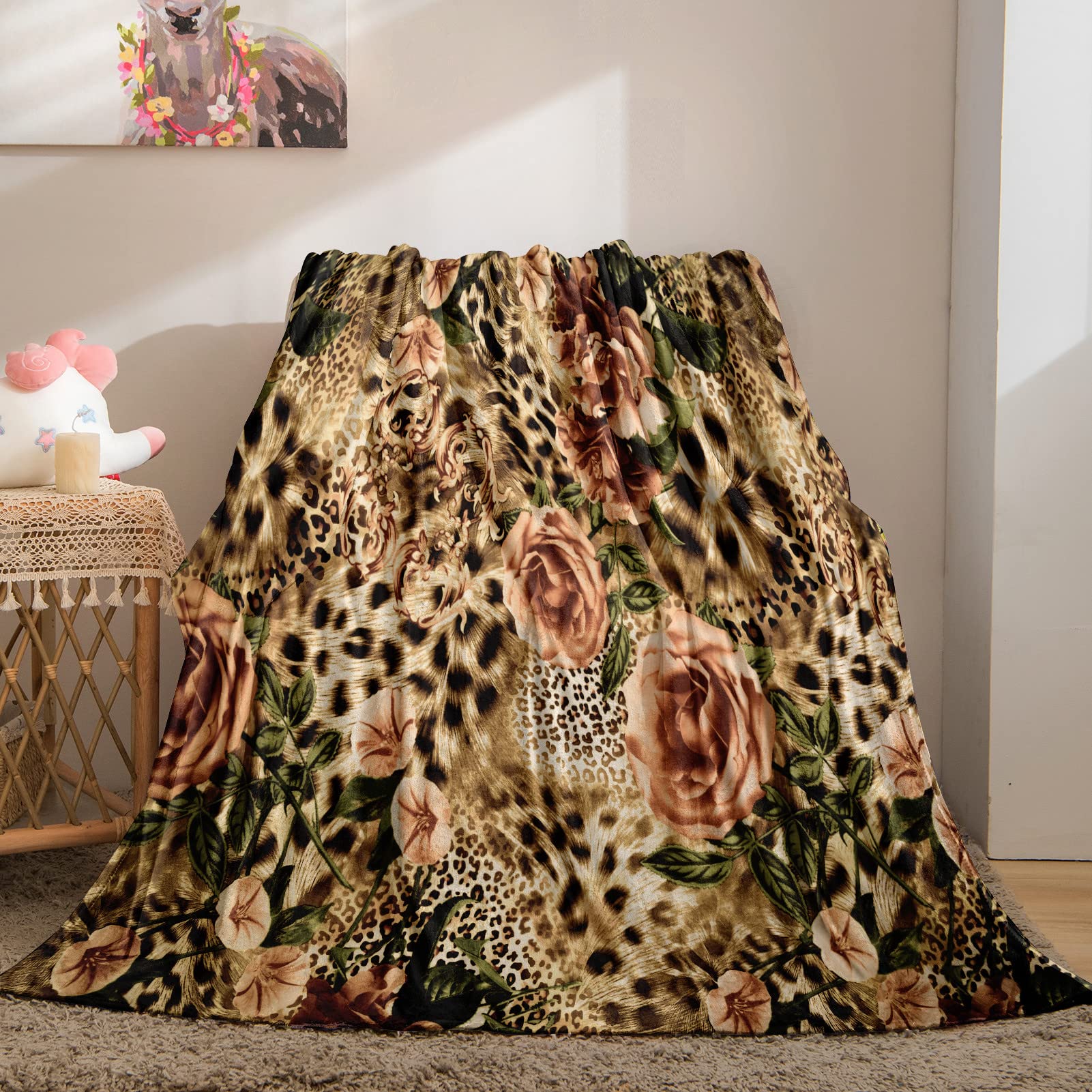 YUANZU Leopard Print Blanket Throw, Tropical Animal Cheetah Striped Leaf Flower Print Pattern Soft Cozy Flannel Blanket, Warm Lightweight Plush Throw Couch Sofa Bed Cover, Gifts for Woman 50x60 inch