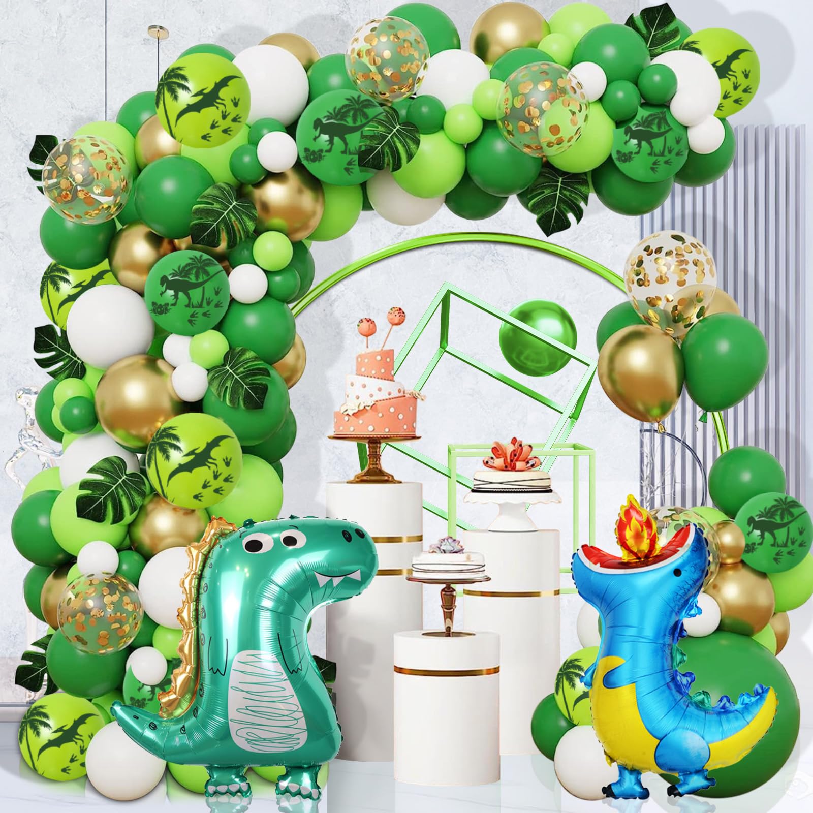 Dino Birthday Deco 4 Anni | Set Ghirlanda E Palloncini Tema Dinosauro | Verde Giungla Per Baby Shower E Compleanno