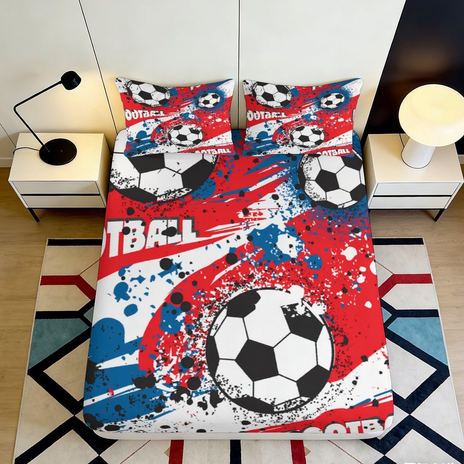 3D Printed Football Splash Fitted Sheet Microfiber Red Blue Soccer Mattress Cover Bedroom Dorm Decor 90x200x25cm