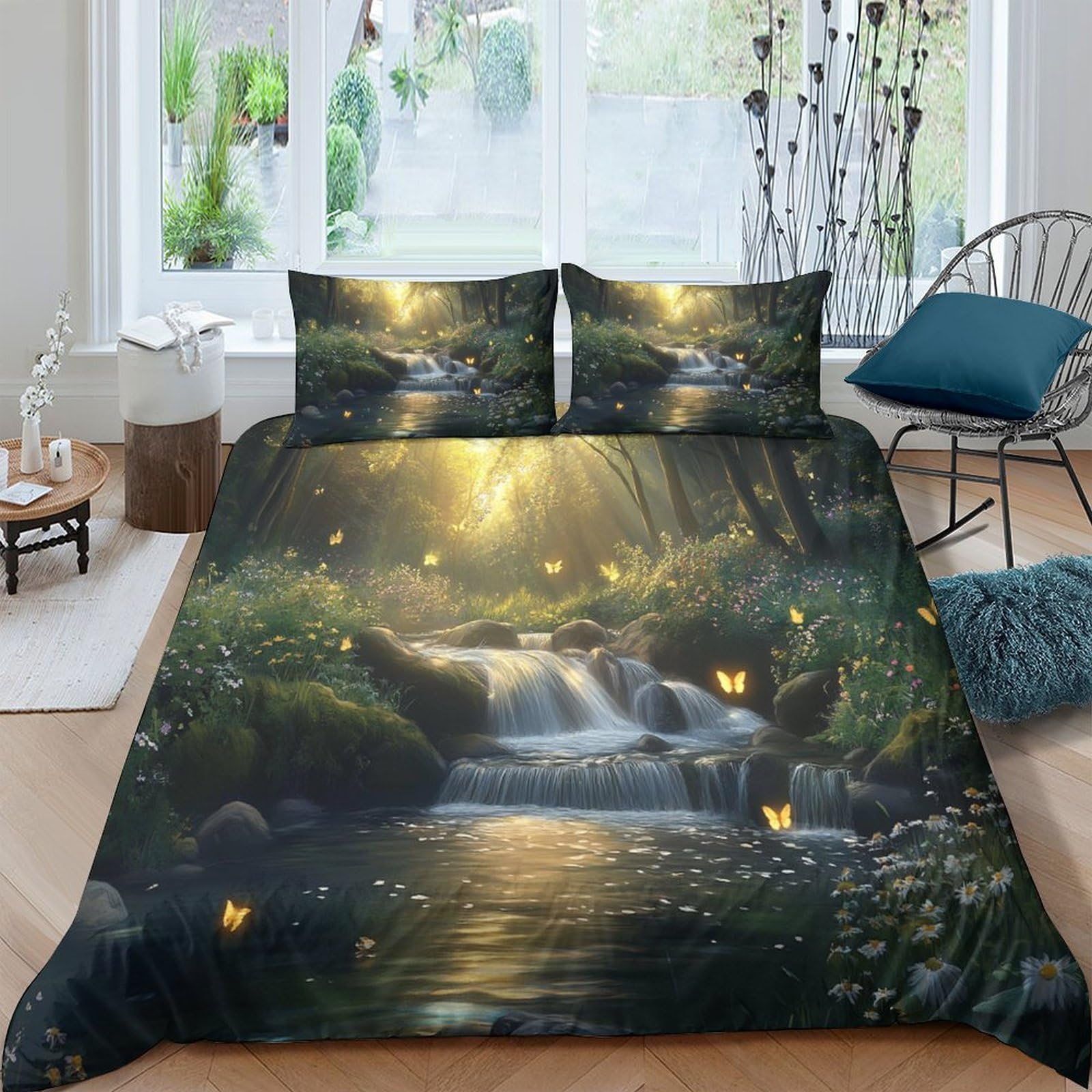 Ruscello della foresta Impressione 3D 3 pz fodera per edredone Natura Fantasia Arte coperteletto microfibra zip antiacari per bambini adolescenti adulti Super king（260x220cm）