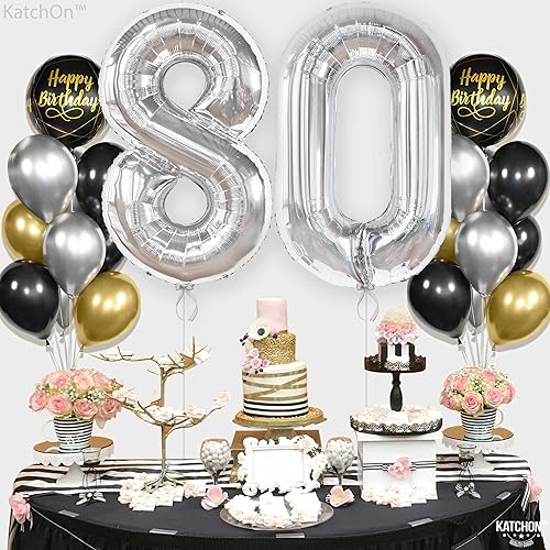 Miniatura 6 de KatchOn, Globos grandes plateados del número 80, 40 pulgadas, decoraciones plateadas de cumpleaños de 80 para hombres, decoraciones de fiesta de