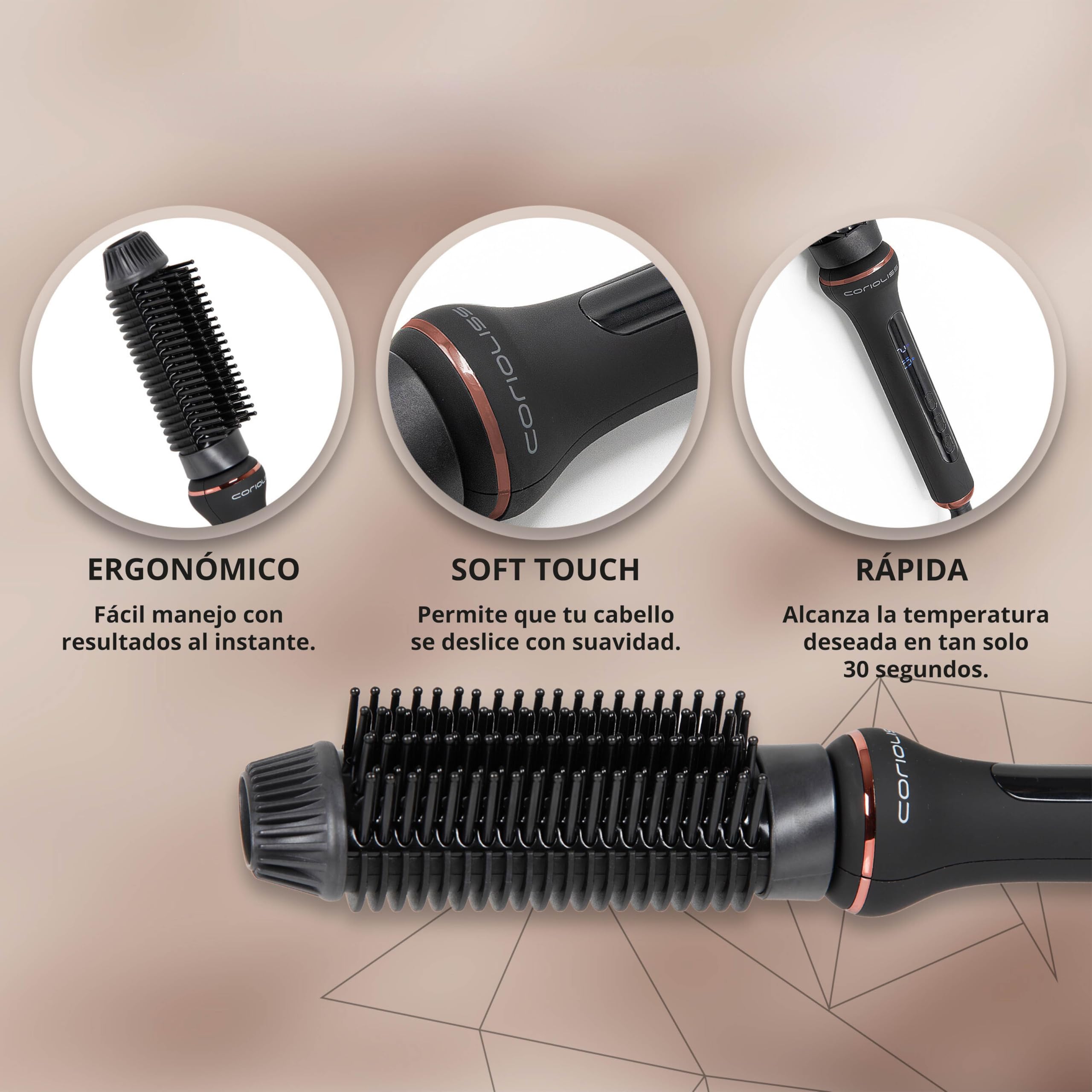 Corioliss Cepillo Alisador Pelo Eléctrico Hot Brush Antifrizz Control Temperatura 80º a 210º Iónico Cerámica Apagado Automático