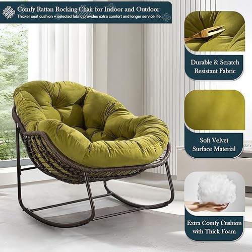 Miniatura 34 de Mecedora para exteriores, silla mecedora de huevos de mimbre de gran tamaño, para interiores y exteriores, cómoda silla mecedora con cojín grueso