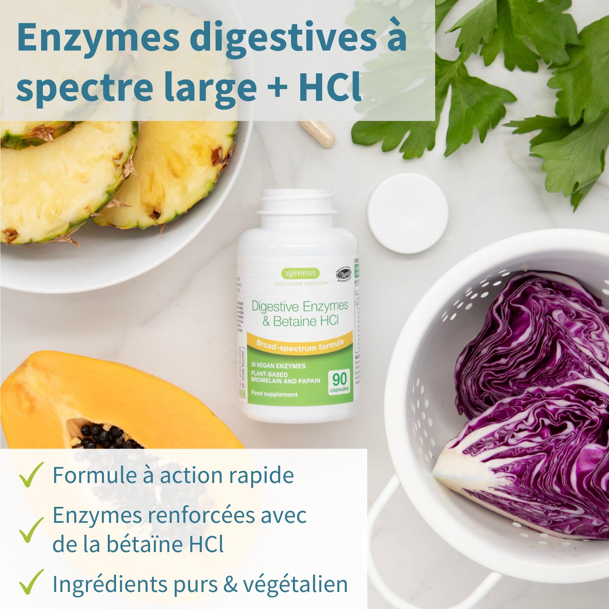 Enzymes Digestives & Bétaïne HCl, 90 Capsules, Complexe Avancée de 10 Enzymes Digestives compris Bromélaïne, Papaïne, Lactase, Lipase, Formule Pure et 100% Végétale - par Igennus