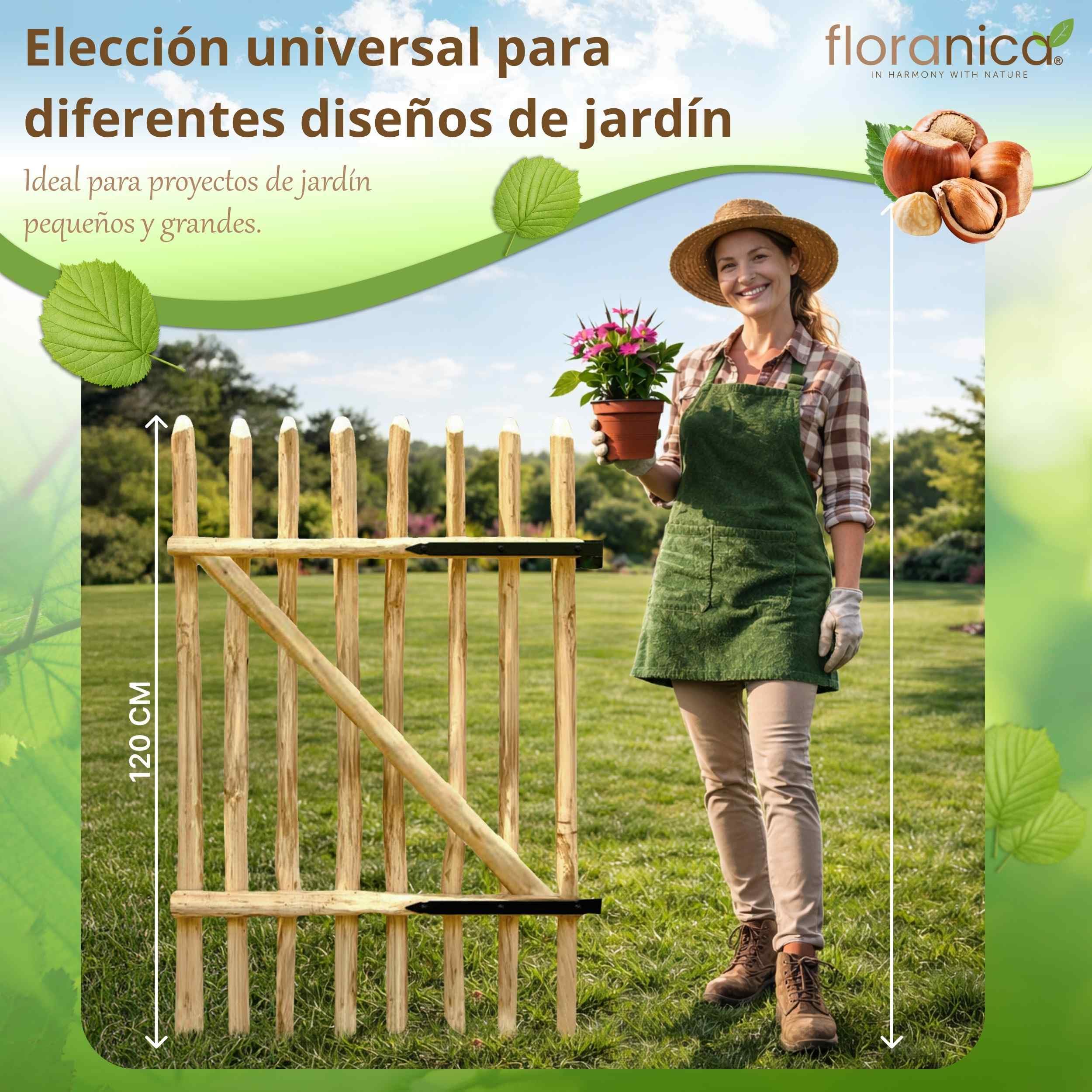 Floranica Puerta de jardín de madera de avellano para valla de estacas Altura 115 cm x 100 cm 1 hoja – lista para instalar incl. bisagras