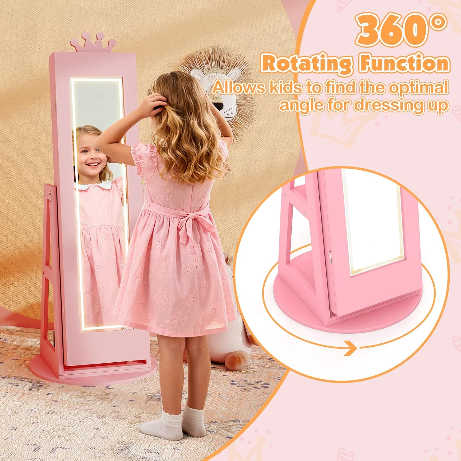 HONEY JOY Kids Swivel Jewelry Cabinet with LED Lights, Rotatable Standing Jewelry Armoire w/Full-Length Mirror & Makeup Mirror, Lockable Princess Jewelry Organizer Storage for Toddler(Pink)