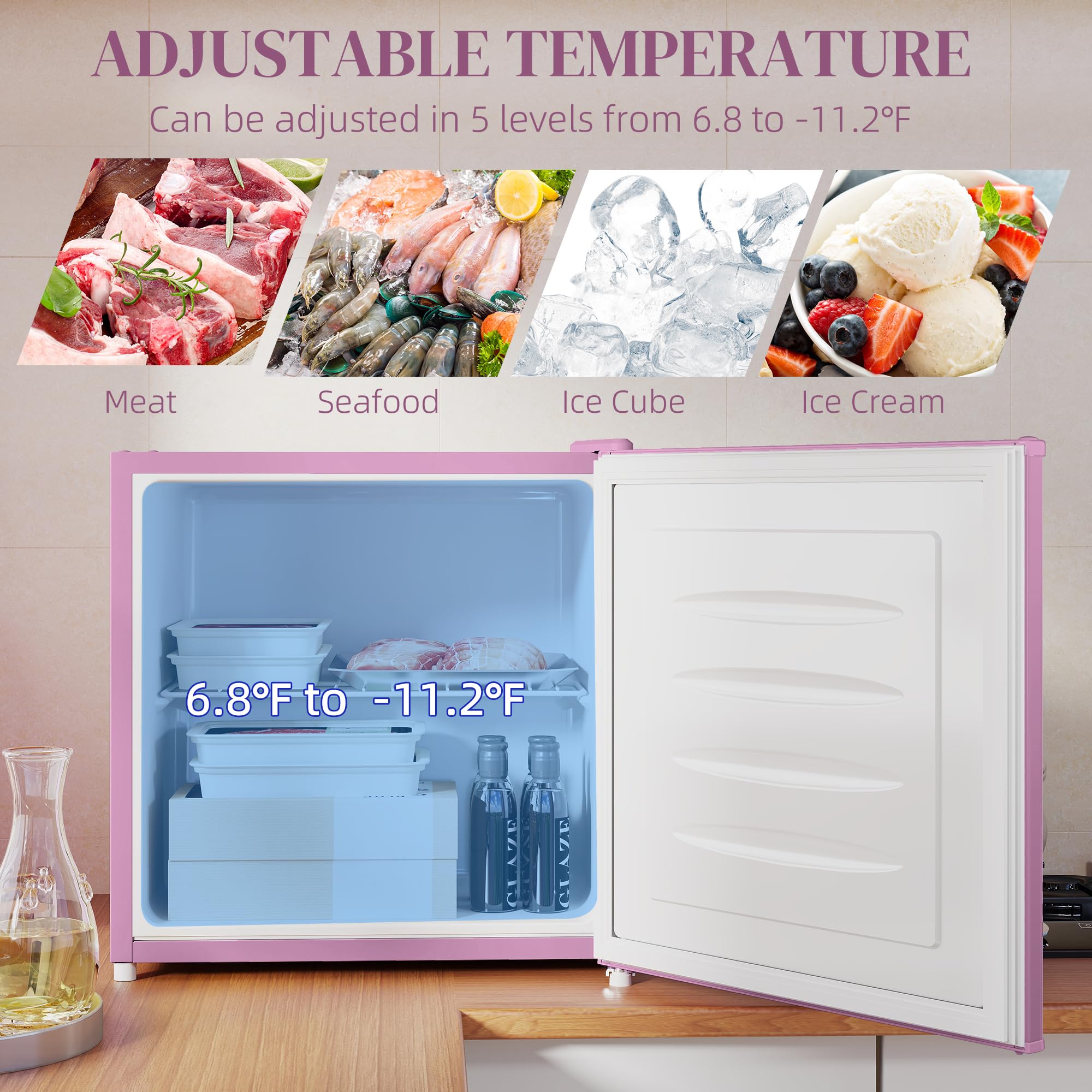 HOMCOM Mini Freezer Countertop, 1.1 Cu.Ft Compact Upright Freezer With Removable Shelves, Reversible Door For Home, Dorm, Apartment And Office, Pink on Fridge.com - View 3