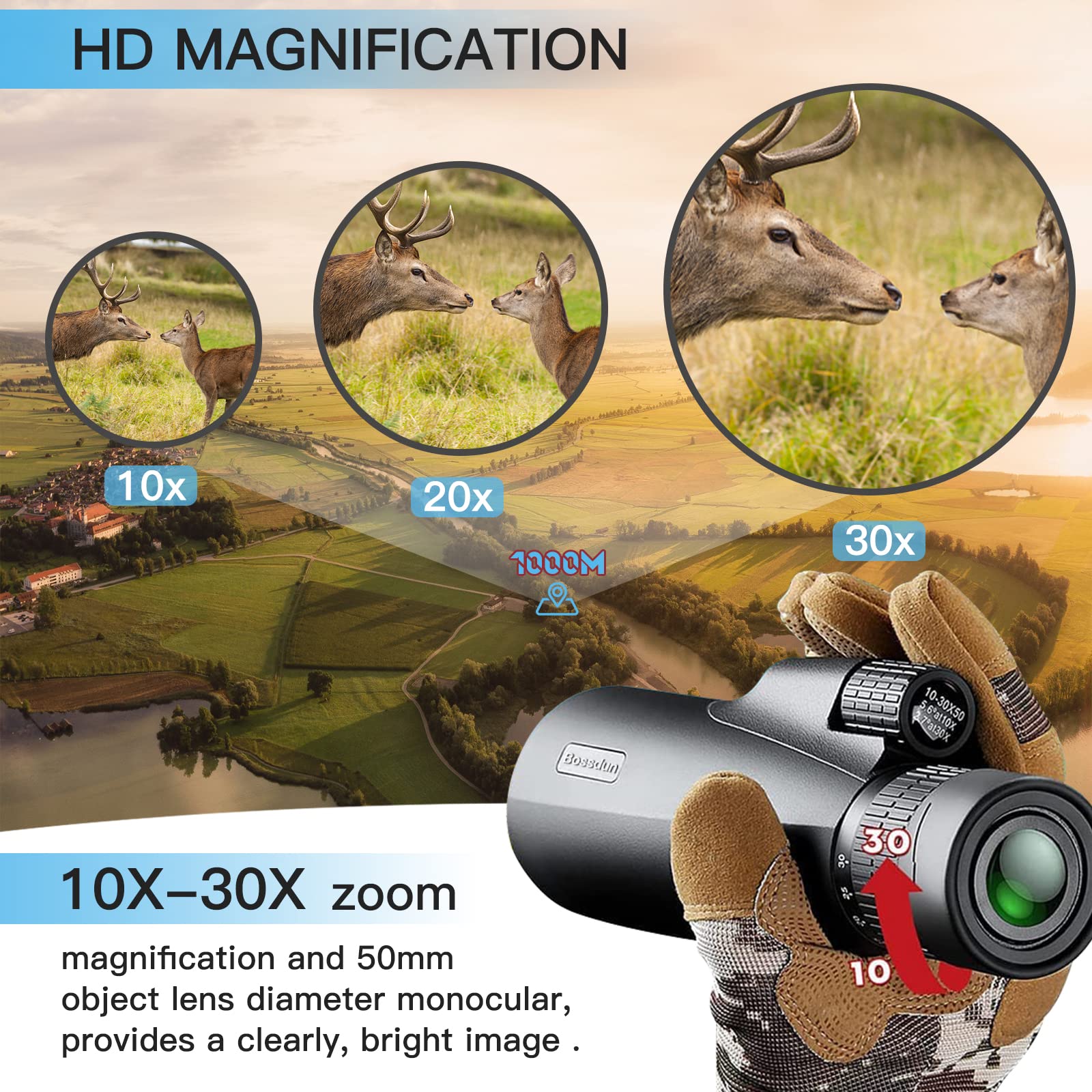 Télescope Monoculaire 10-30x50 Czemo - Zoom HD, étanche IPX7, Avec Trépied Et Support Smartphone