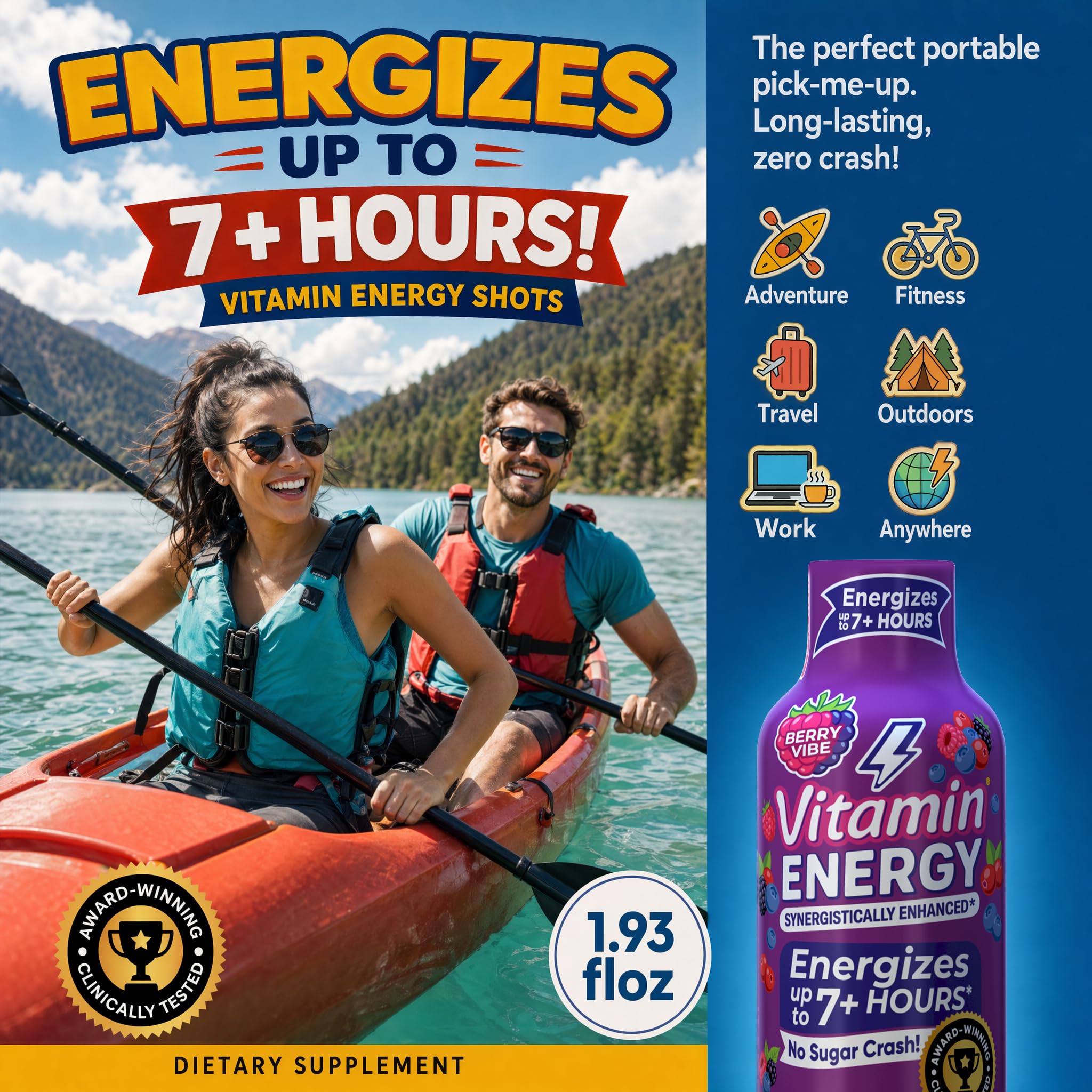 Vitamin Energy Berry Vibe Extra Strength Energy Shot, 12 Pack - Up to 7 Hrs, 260mg Natural Caffeine, Zero Sugar - BCAAs + CoQ10, Focus Support, B12 B6 Niacin, 1.93 fl oz, Keto Vegan — Amazon image 4