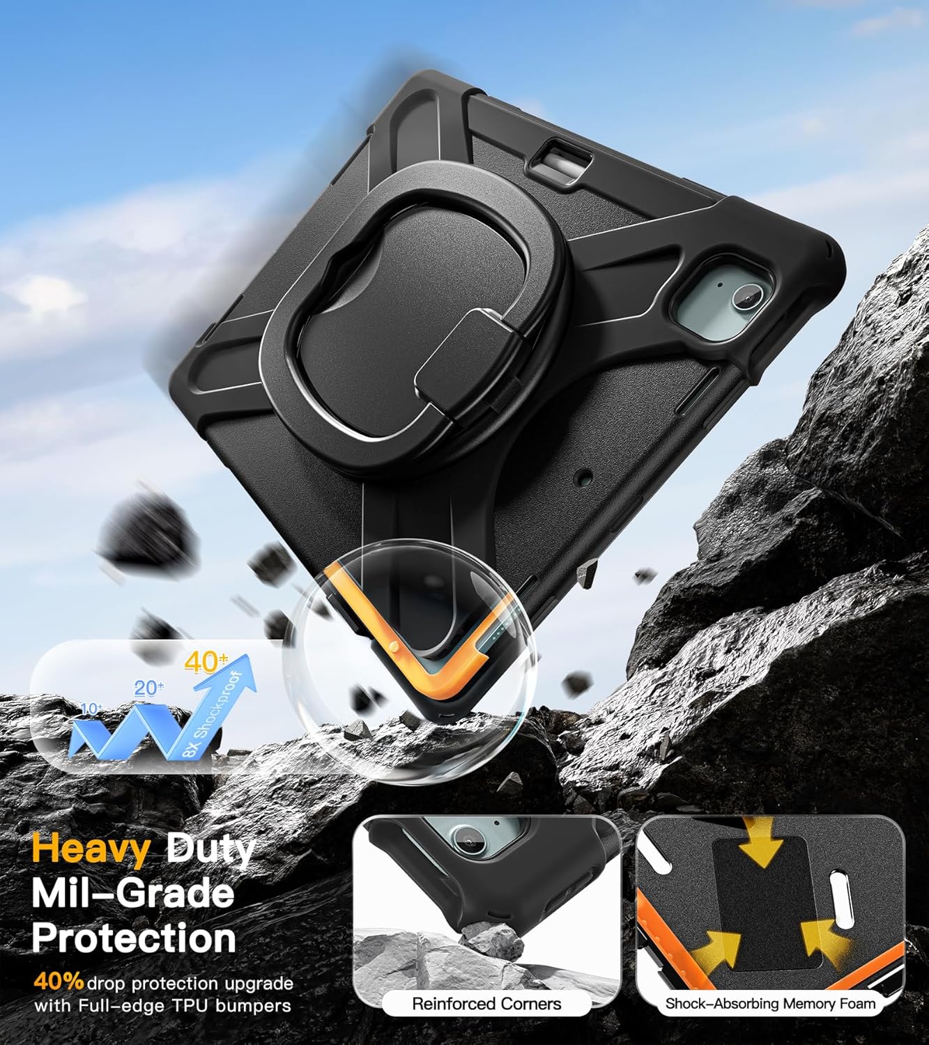 BRAECN for iPad Air 13 Inch Case M3 2025/ M2 2024, Rugged iPad Pro 12.9 Inch 6th/5th/4th/3rd Generation Cover w/Kickstand/Swivel Handle Grip/Shoulder Strap/Wireless Apple Pencil Charging Holder, Black - Image 3