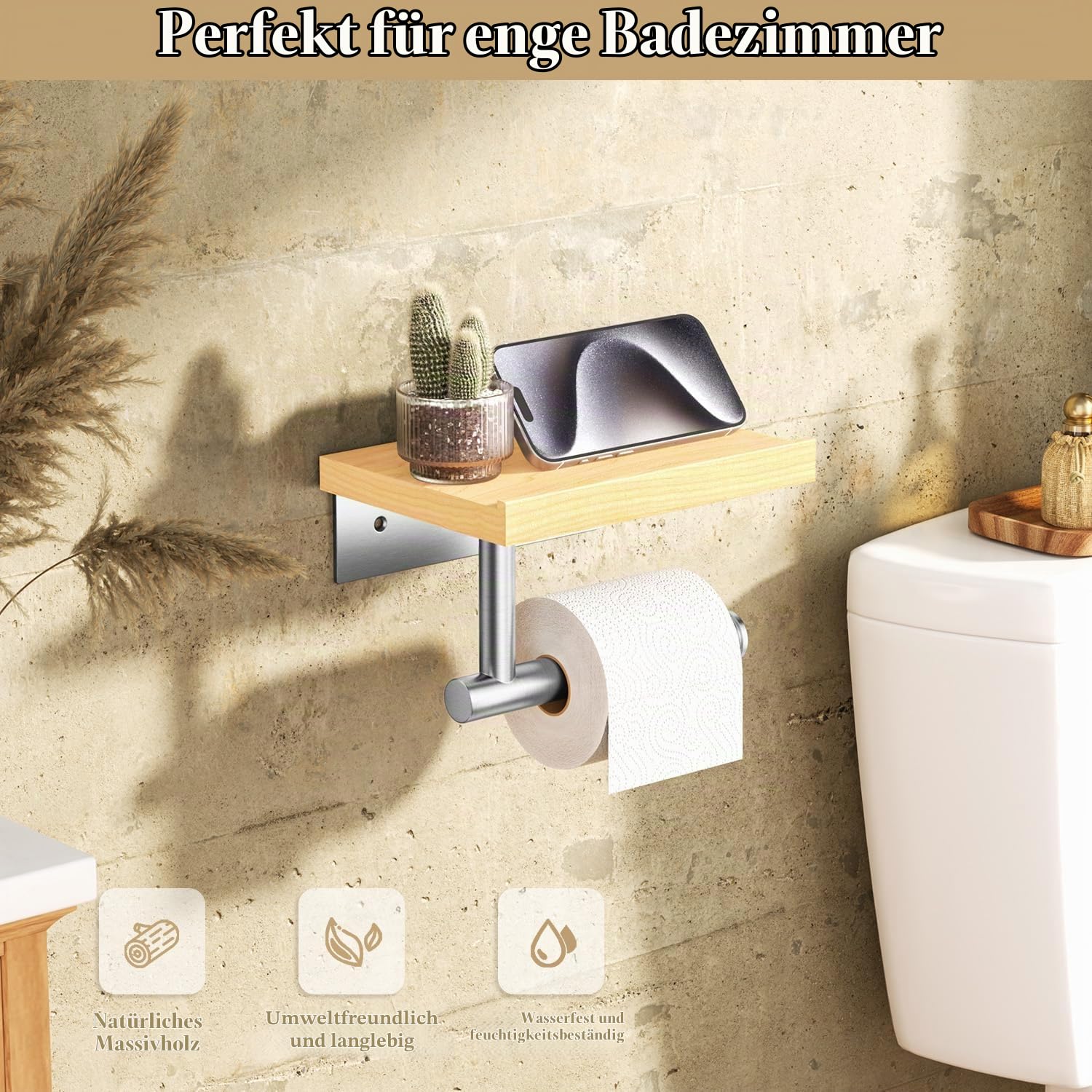 Tindbea Toilettenpapierhalter mit Holzregal, Wandbefestigter Holztoilettenpapierrollenhalter, Matt-Nickel-Edelstahl-Badezimmeraccessoires (Ahorn SUS304 Edelstahl, Gebürstetes Nickel)