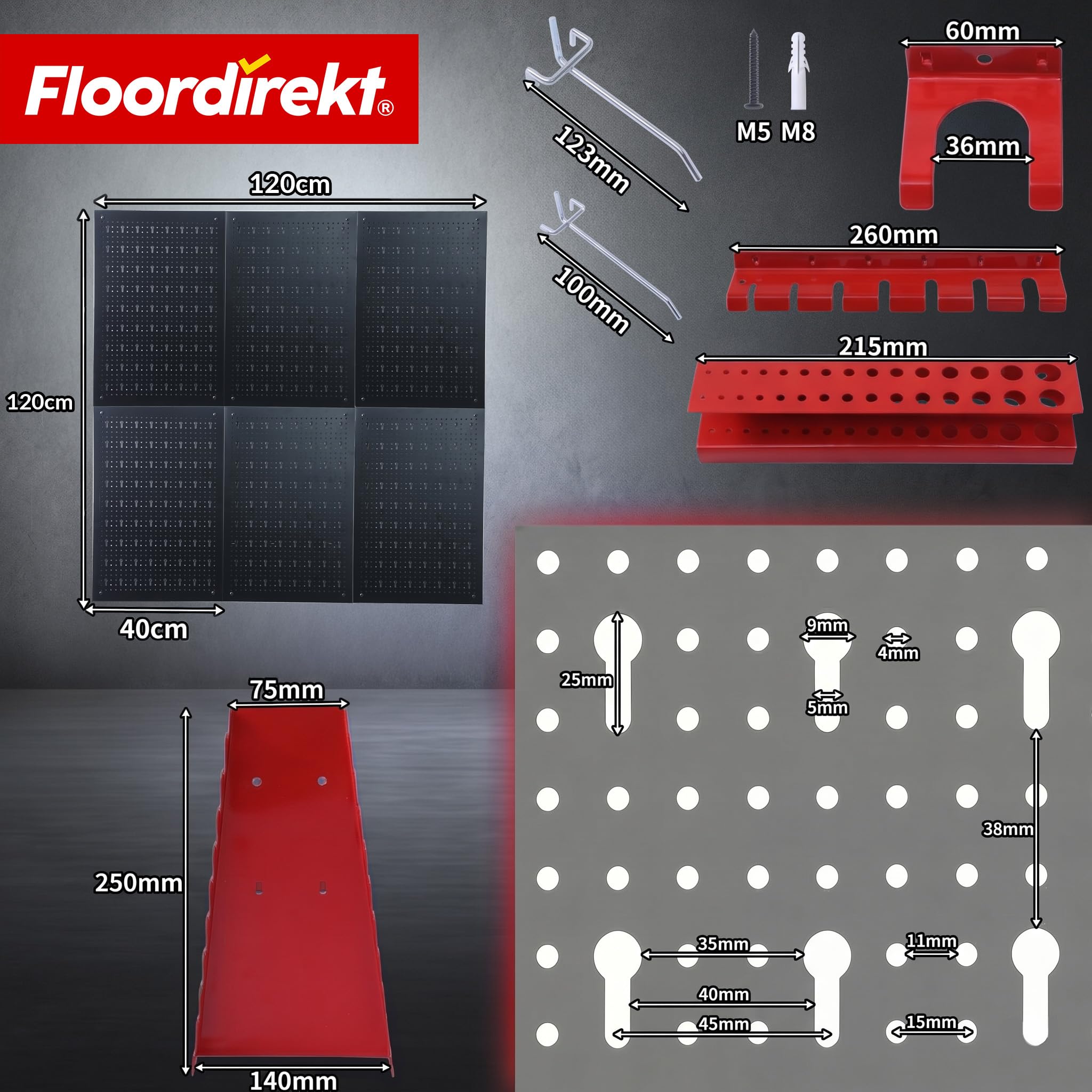 Floordirekt Juego de 6 placas perforadas para herramientas, metal, 240 x 60 cm, para banco de trabajo, garaje, taller