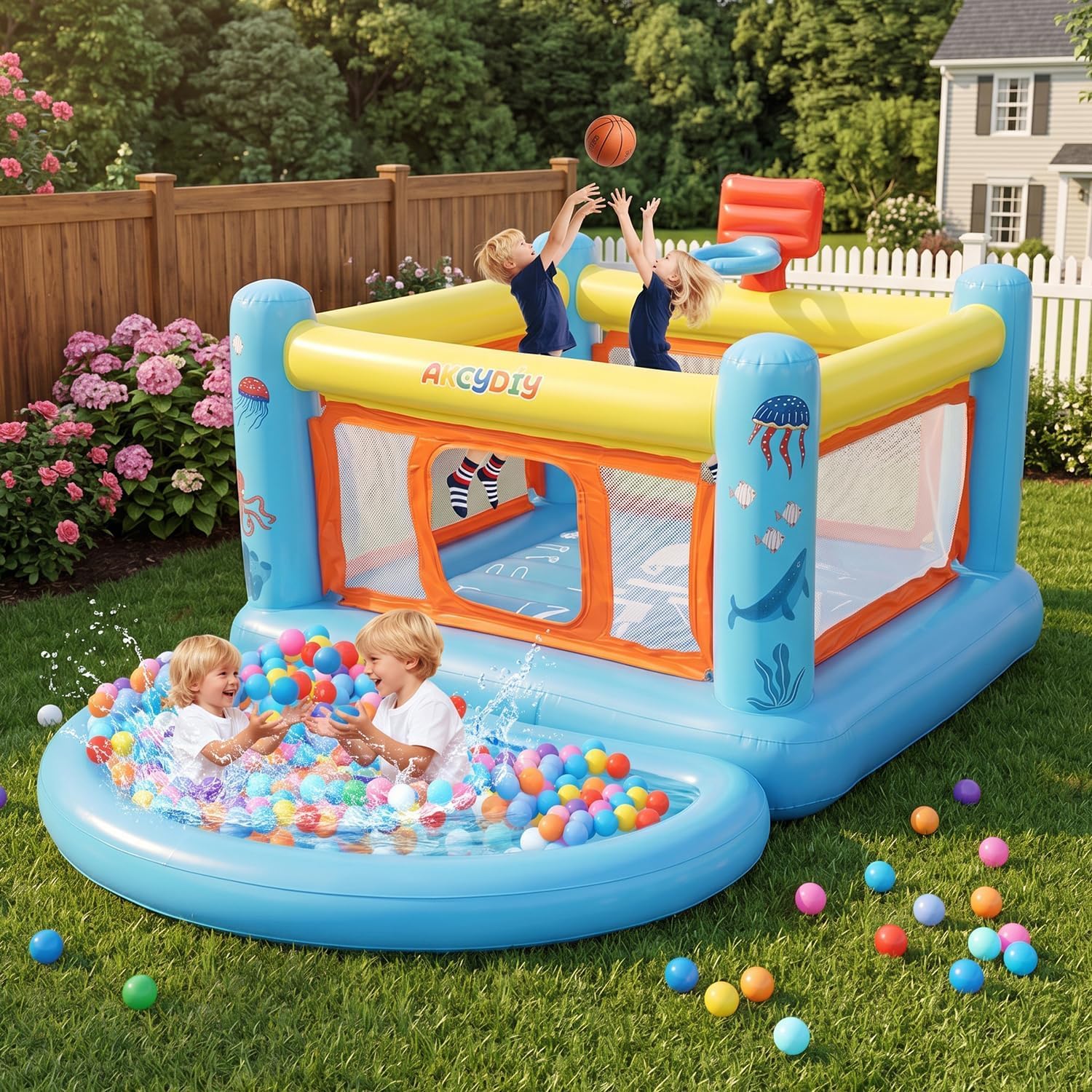 Castello saltante con piscina di palline per bambini da 3 a 6 anni, per interni ed esterni, piccolo centro giochi attivo, canestro da basket, cielo e inferno, castello saltante in PVC di alta qualità