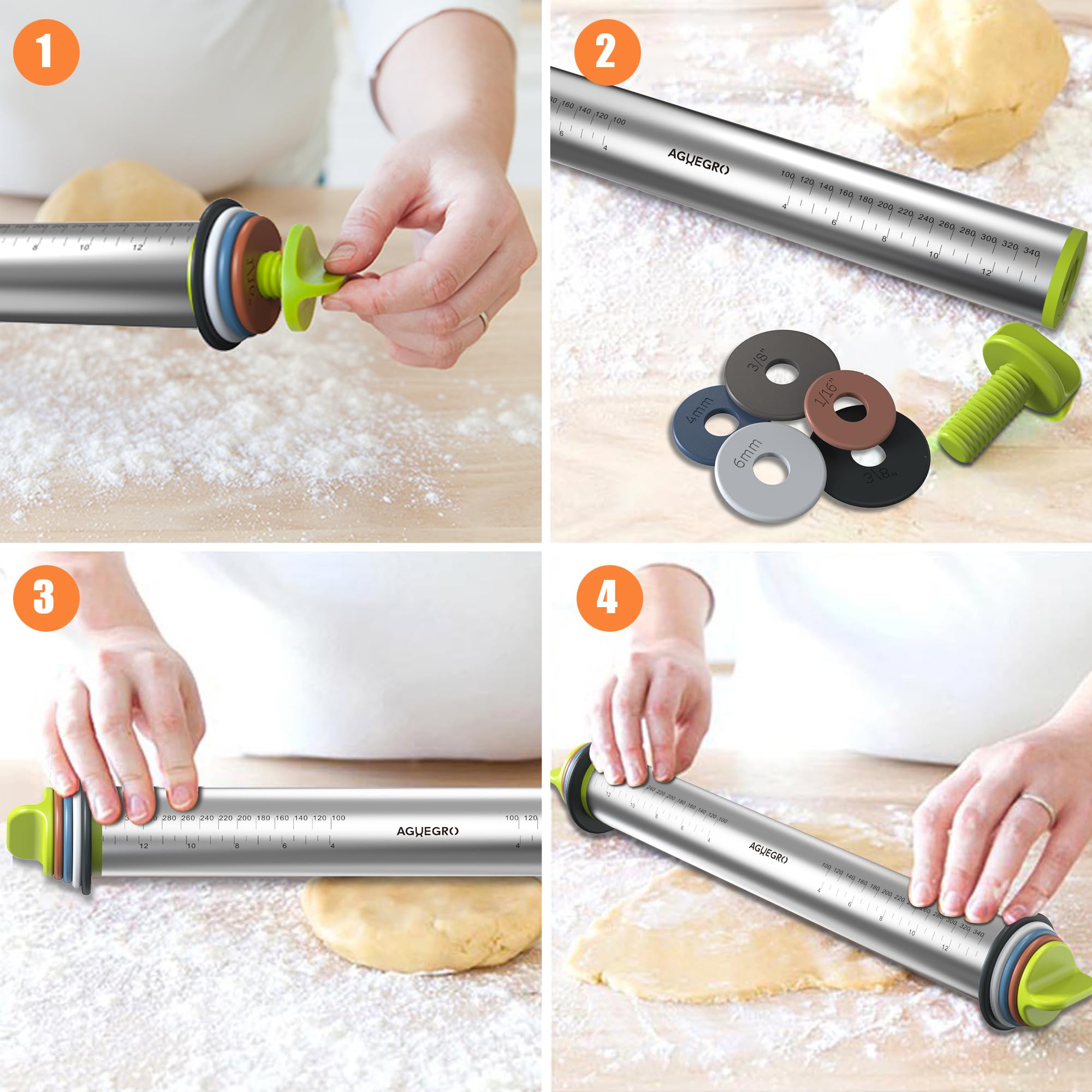 Rodillo de acero inoxidable con anillos de grosor y soporte de madera para hornear, fondant, pizza, corteza de pastel, galletas, pasteles, rodillo de 13.6 pulgadas con 4 anillos de grosor 3
