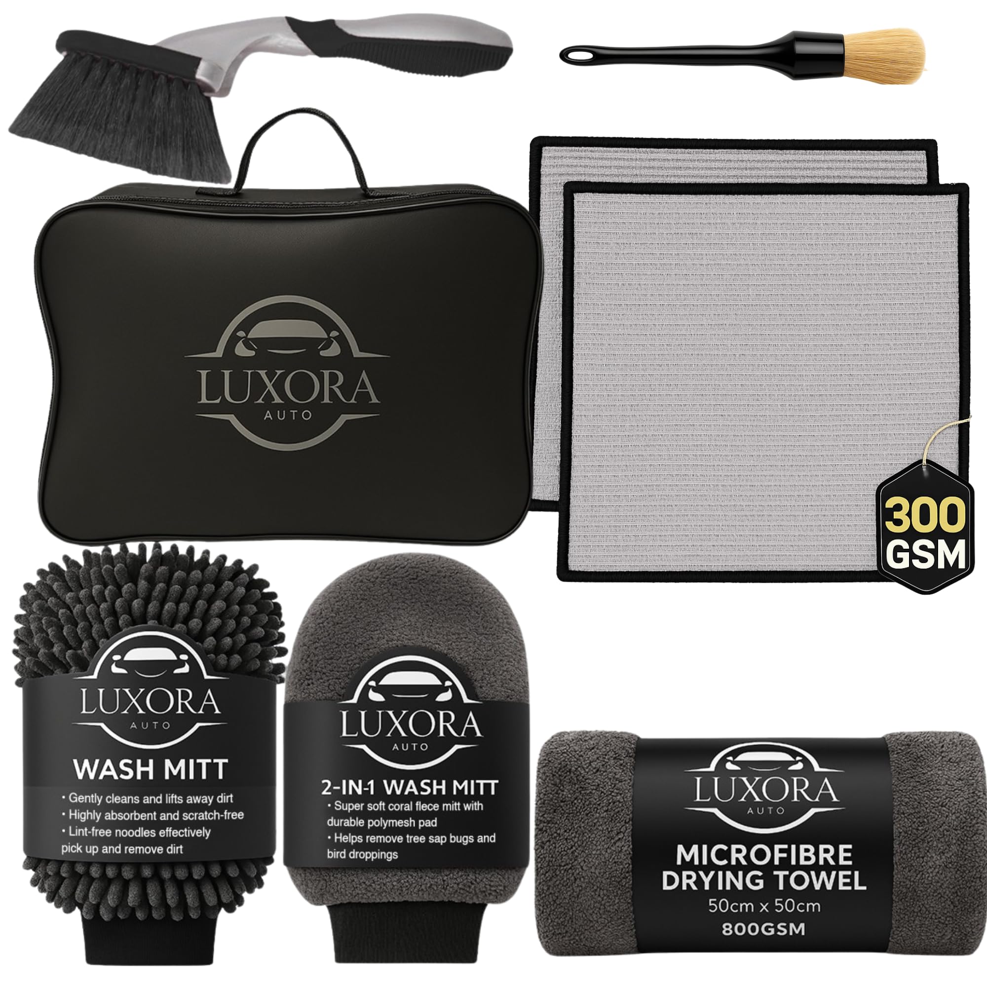 Car Cleaning Kit – Premium Car Washing Kit with Microfibre Towels, Wash Mitts & 800GSM Drying Towel for Exterior Valeting