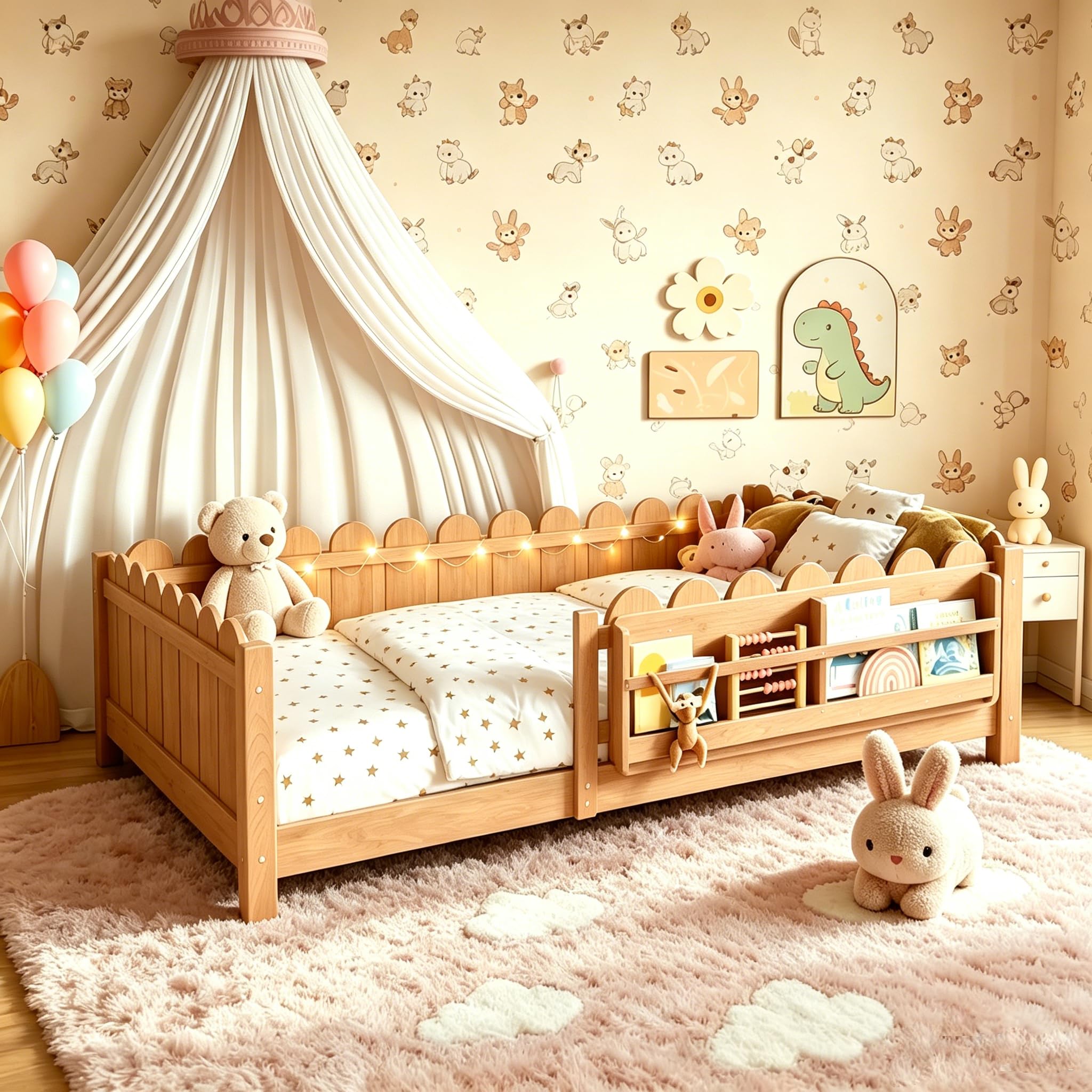 Photo 1 of Bellemave Queen Size Kids Floor Bed with Bookshelf and LED Lights, Wooden Montessori Floor Bed Frame with Safety Guardrails for Girls Boys, Natural