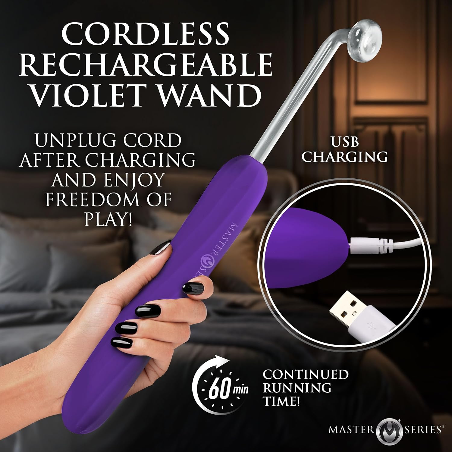 Master Series Elektra Rechargeable Facial Wand – Purple Cordless High-Frequency Skincare Wand with 5 Power Levels | Silicone Grip Handle | Light Display for Spa-Style Treatments