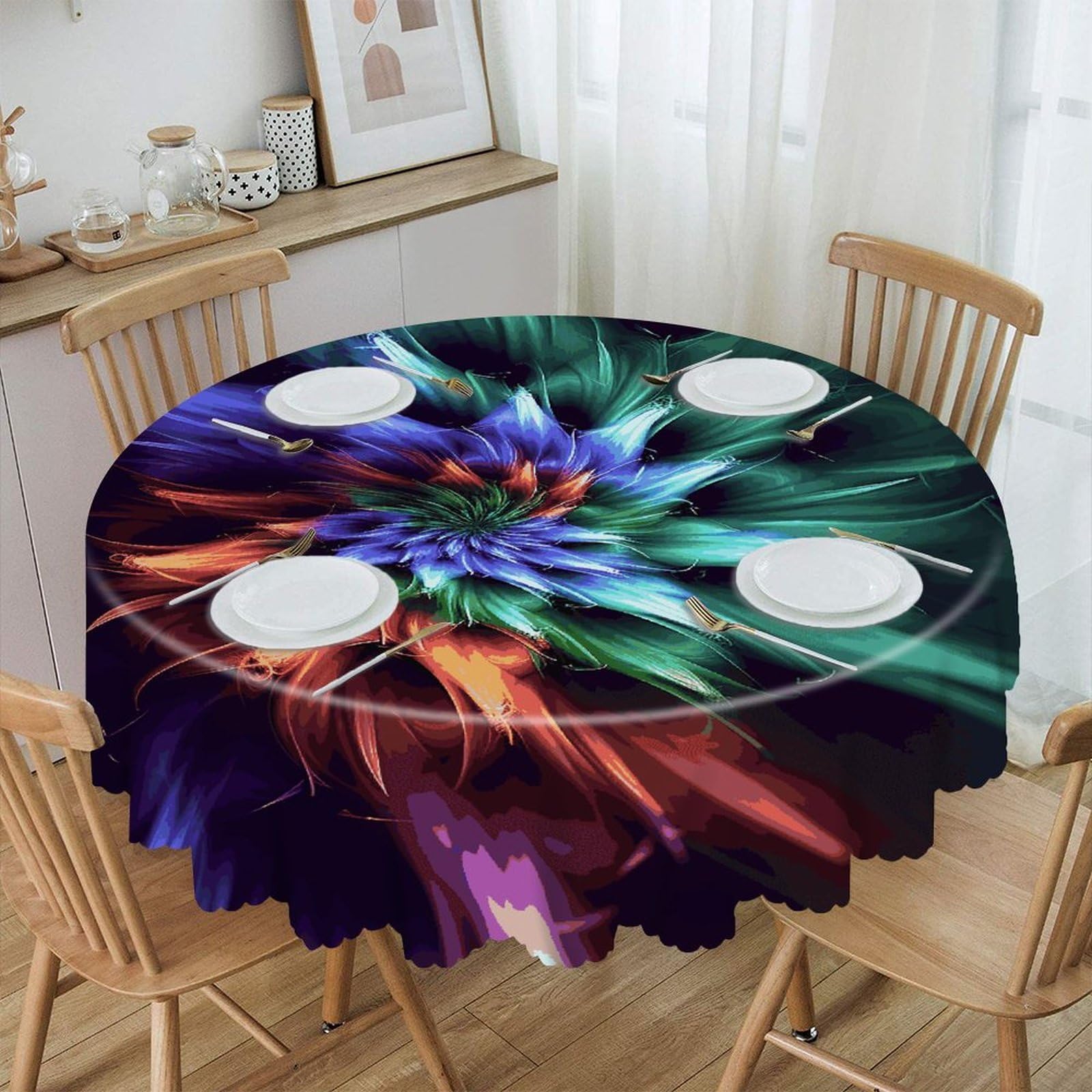 VstaDank Abstract Flower Round Tablecloth 60 Inch Easy to Clean Circle Table Cover Thick Decorative Round Polyester Table Cloth for Dining Kitchen Party Farmhouse Outdoor