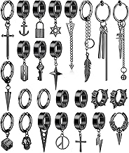 Diamday 25 Pieces Clip Earrings for Men Stainless Steel Cross Chain Earrings Black Huggie Hoop Earrings Non Pierced Punk Gothic Kpop Fake Pendants Earrings
