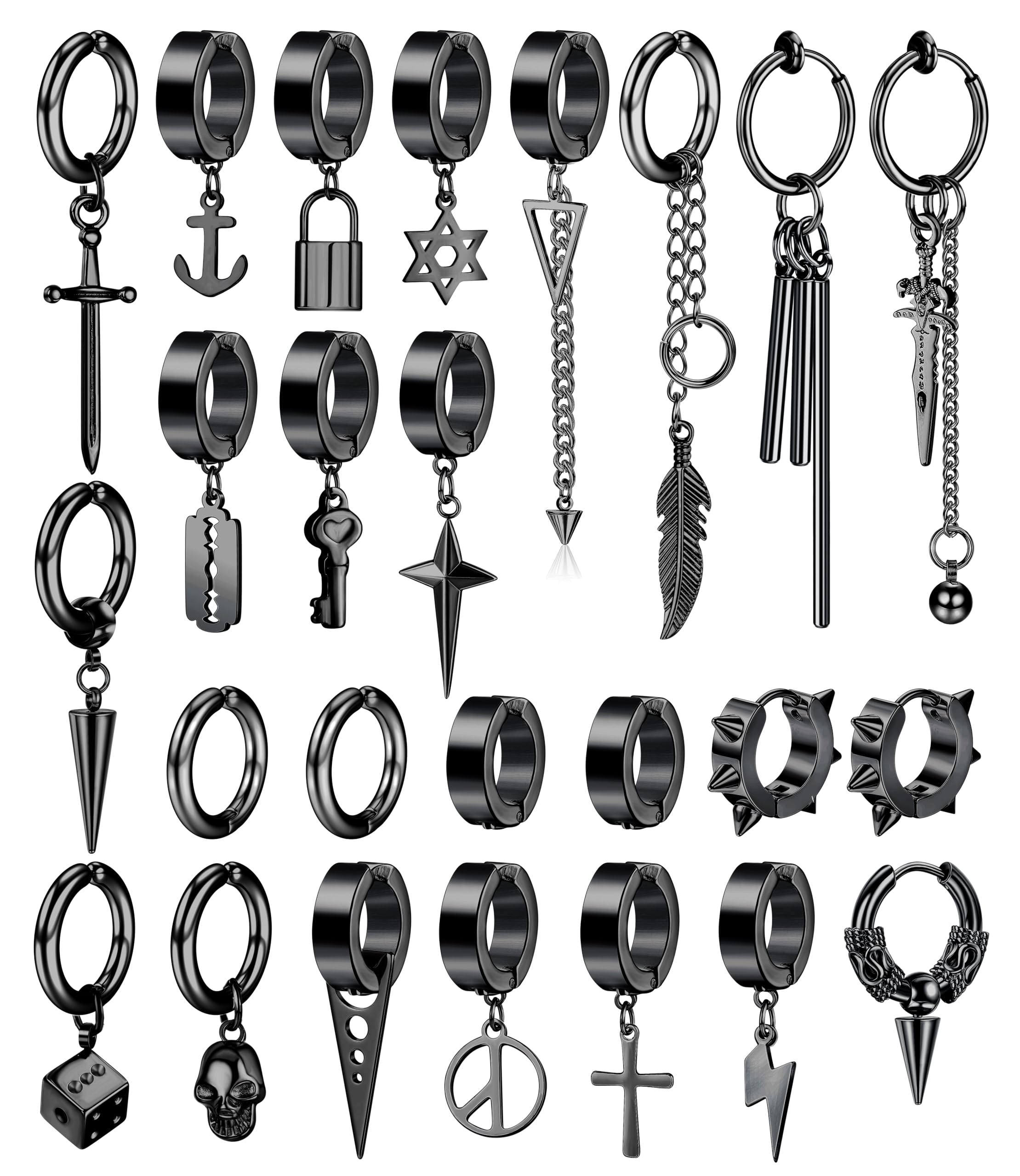 Diamday 25 Pezzi Clip Orecchini per Uomo Acciaio Inossidabile Croce Catena Orecchini Dangle Nero Huggie Cerchio Orecchini Non Pierced Punk Gotico Kpop Orecchini Set