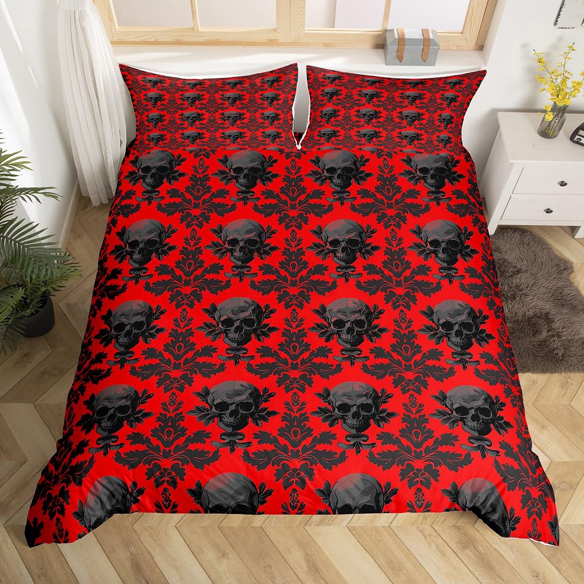richhome Damask Floral Duvet Cover King Size Vintage Jacquard Skull Bedding Set for Kids Boys Girls Decor Exotic Floral Comforter Cover Soft Microfiber Wine Red Black Bedroom Decor Bedclothes โ image 1