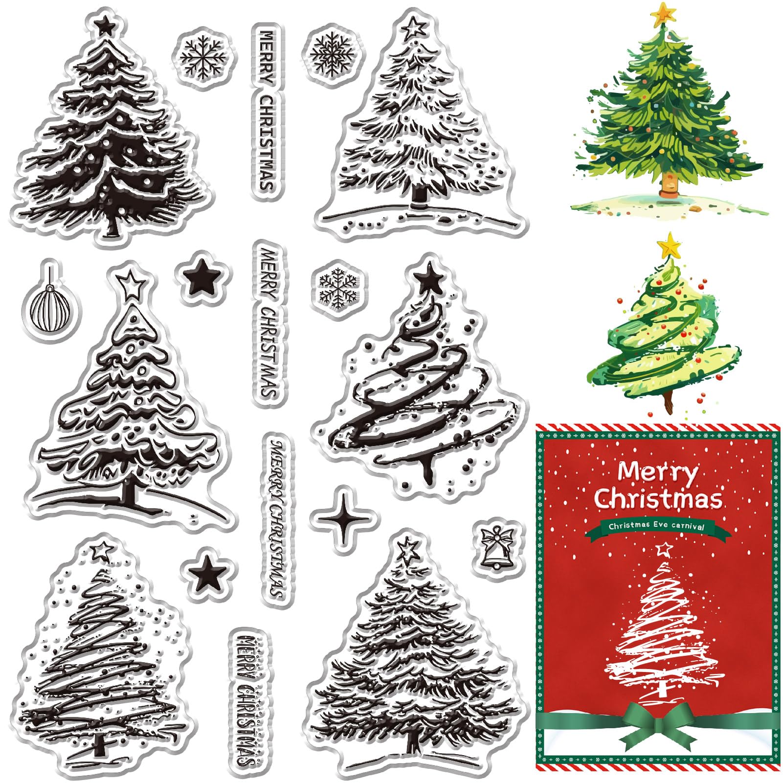 CRASPIRE Merry Christmas Clear Stamp for Card Making Pine Trees Forest Woods Snowflake Greeting Background Silicone Transparent Rubber Stamps Grove Seal DIY Scrap Booking Card Album Crafting