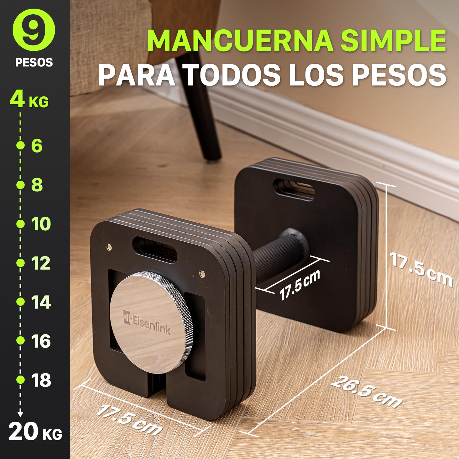 Eisenlink Mancuerna Ajustable 4-20/36kg Set de Pesas - Mancuerna Ajustable con Mango Antideslizante Incrementos de 2kg para Gimnasio en Casa Fitness