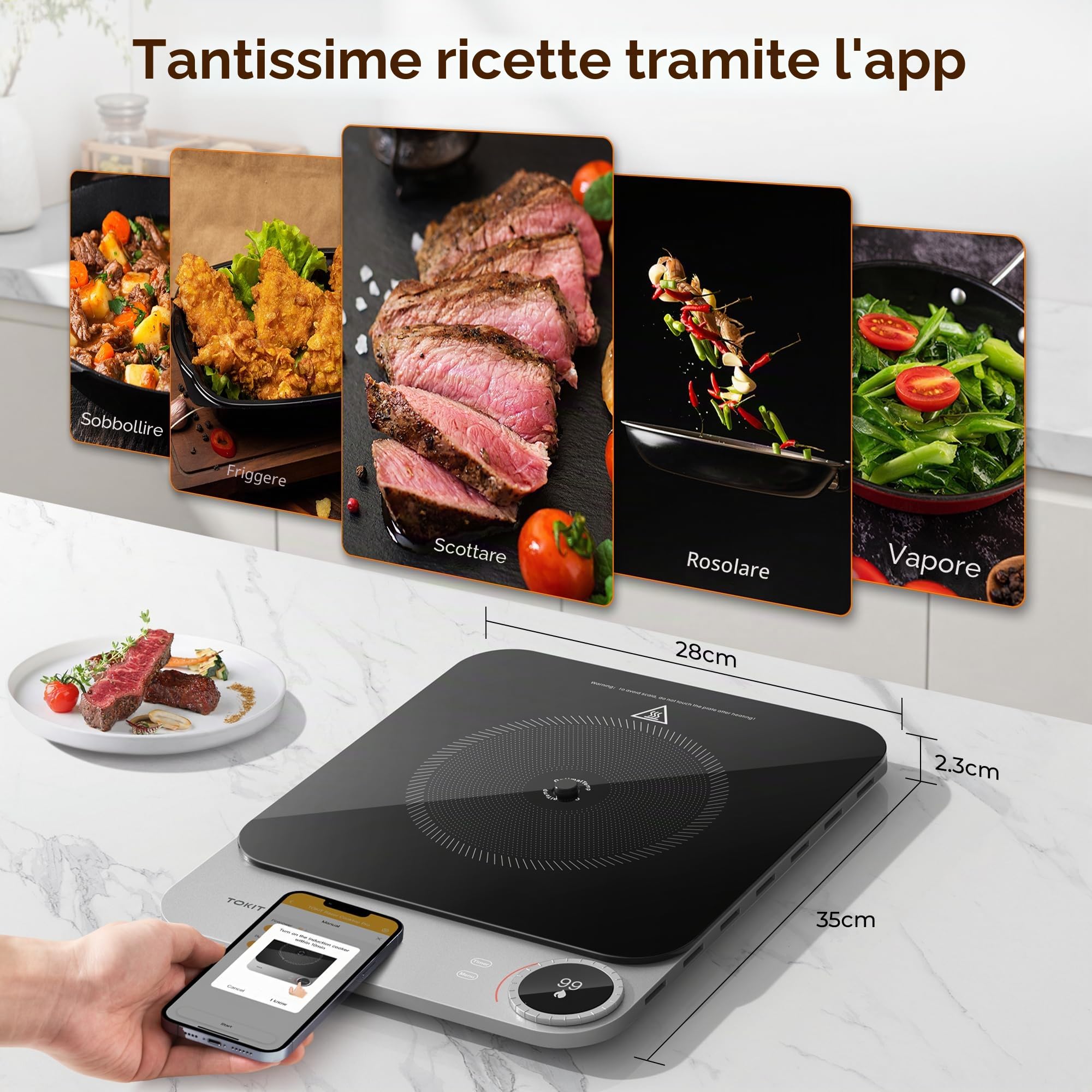 TOKIT Piastra Di Cottura A Induzione, Fuoco A 99 Livelli, Manopola+Controllo A Sfioramento,2100 W, Con Display Oled, Timer, Sensore Di Temperatura Ultra Sottile Da 20 Mm Controllo Tramite App