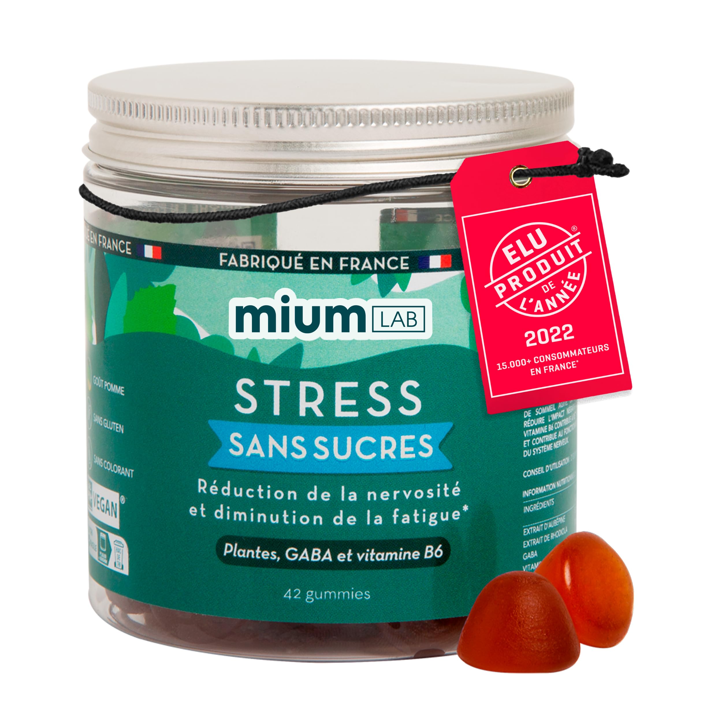 Mium Lab - Anti-​Stress, Réduit la Fatigue Physique et Mentale - Équilibre nerveux - GABA + Plantes Adaptogènes (Aubépine & Rhodiola) + Vitamine B6 - Goût Pomme - Cure 21 jours - Fabriqué en France