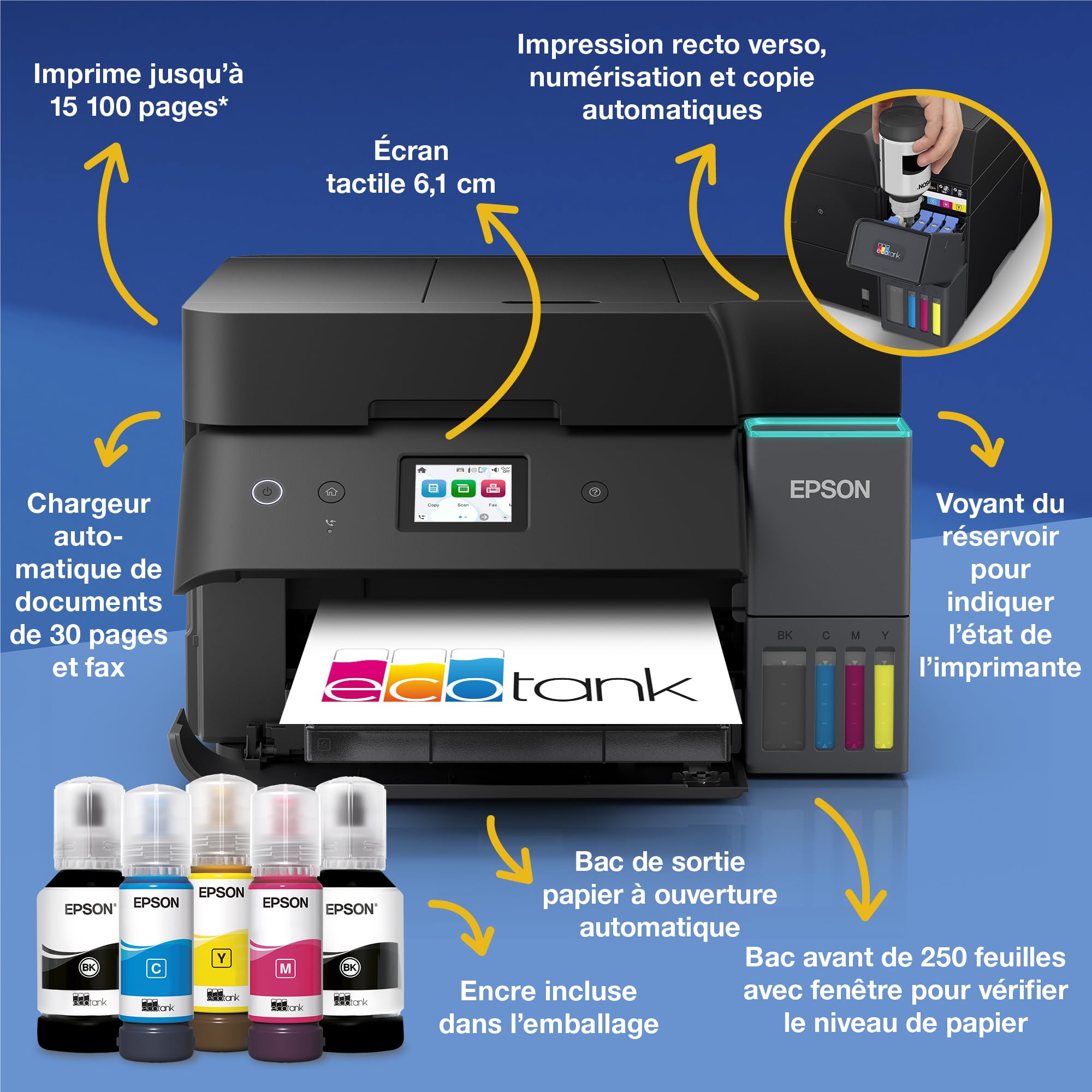 Epson Solution d’Impression A4 EcoTank ET-4955 avec Wi-FI, réservoirs d’Encre AirPrint, Chargeur de Documents, Impression, numérisation, Copie et fax Recto Verso + Jusqu’à 3 Ans d’Encre Inclus