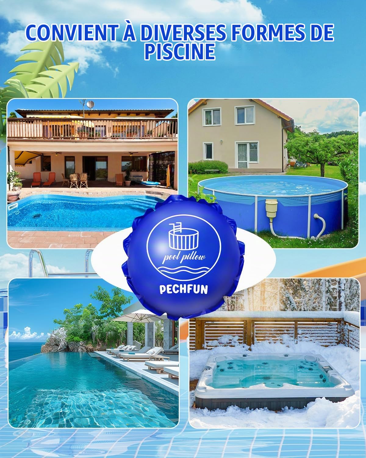 Coussin Piscine Hivernage, 120×120cm Coussin Hivernage Piscine Hors Sol, avec Valve de Sécurité et Double Couture, Kit de réparation Inclus, Circulaire
