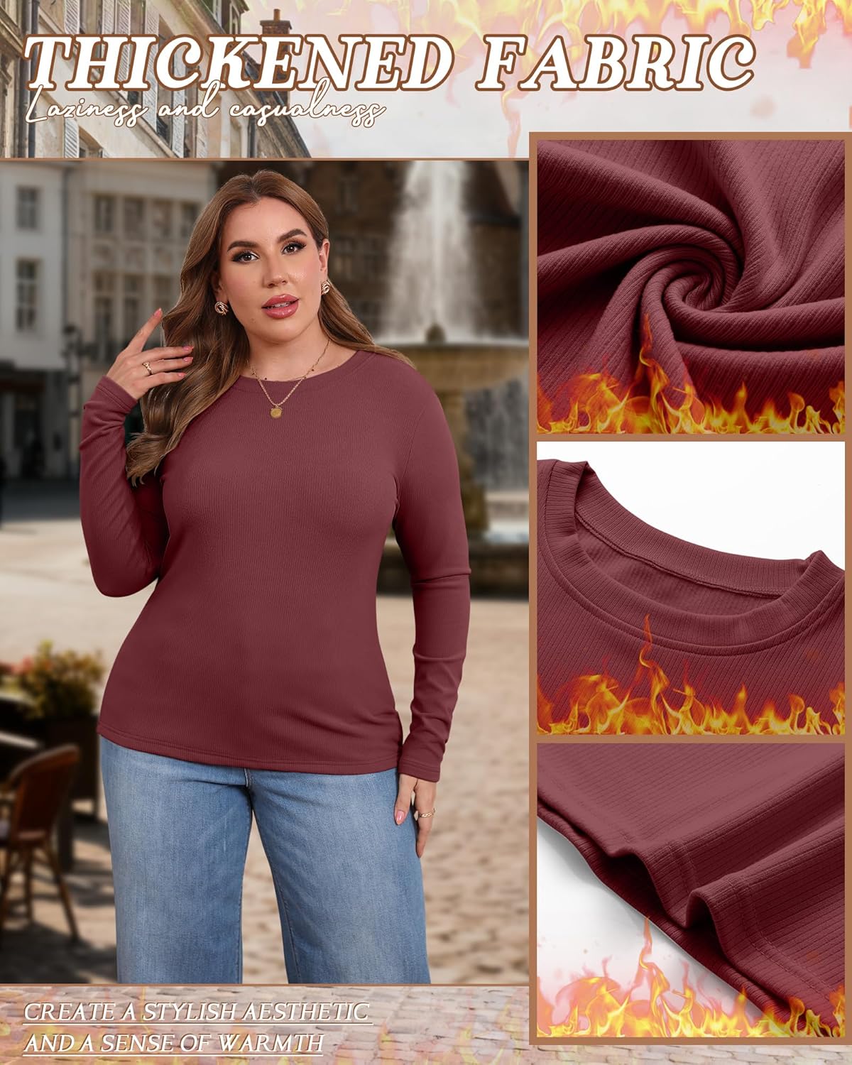 4 Pack Women's Plus Size Long Sleeve Thermal Shirts Cotton Crew Neck Fleece Lined Tops Slim Fit Winter Undershirt - Image 4
