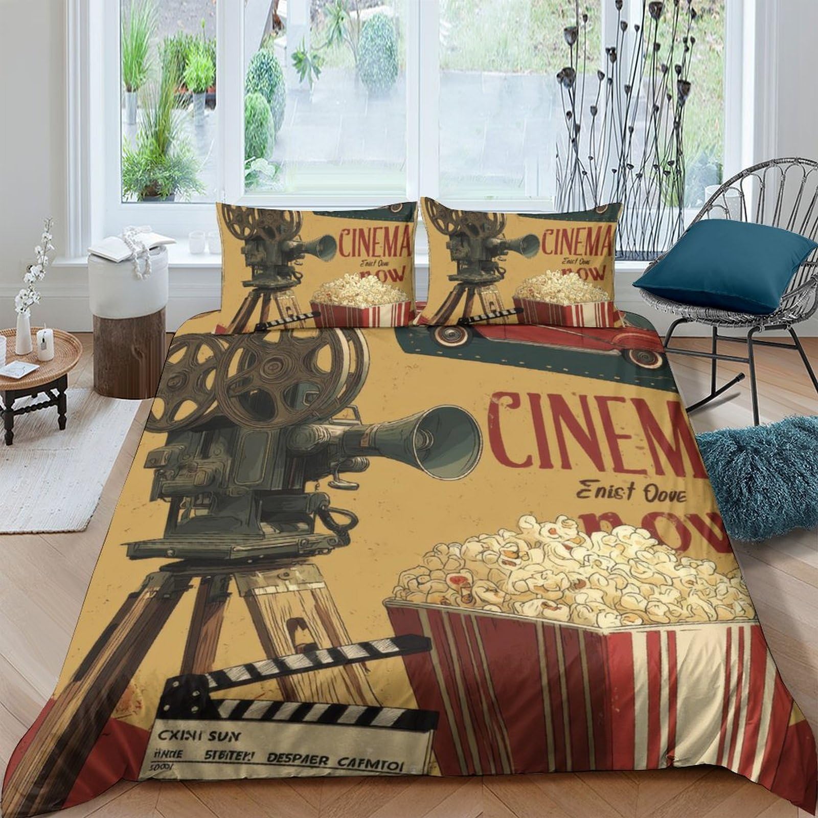 Ctjqhvkz Style-8 3D Printed Vintage Cinema Fitted Sheet Microfiber Soft Movie Camera Popcorn Bed Cover Bedroom Decor Single（135X200cm）