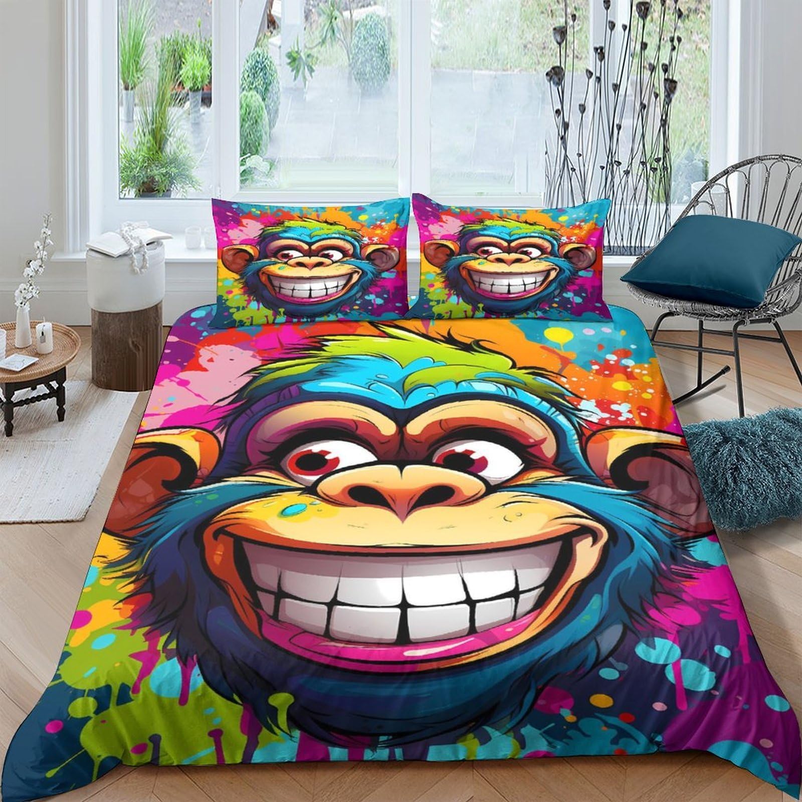 Ctjqhvkz Style-3 3D Printed Colorful Graffiti Monkey Fitted Sheet Microfiber Soft Bed Cover For Bedroom Dorm Mattress Decor Single（135X200cm）