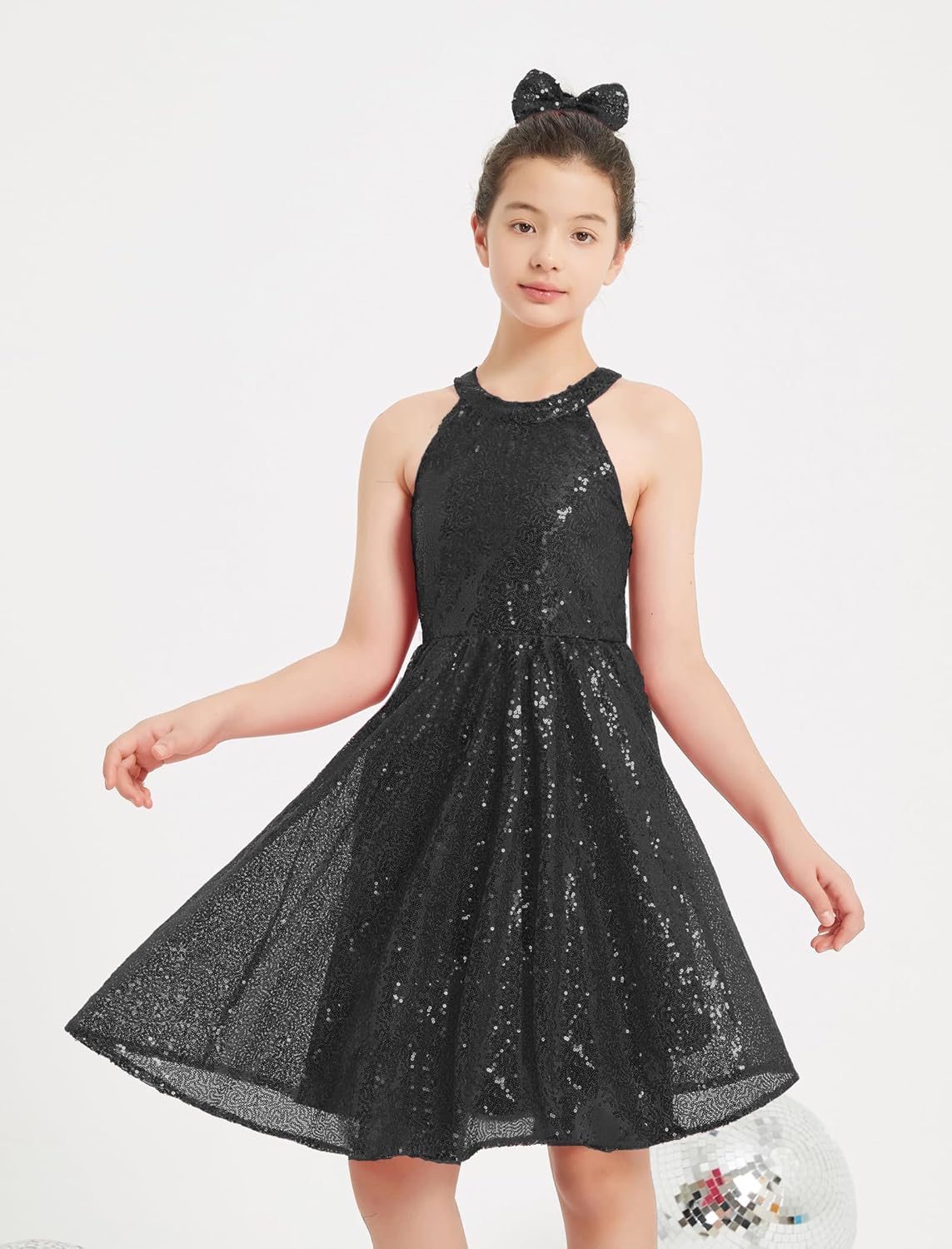 EXARUS Girls Halter Neck Sparkly Sequin Dresses Sleeveless A-Line/Bodycon Dress for Girl Formal Special Occasion 6-14Y - Image 3