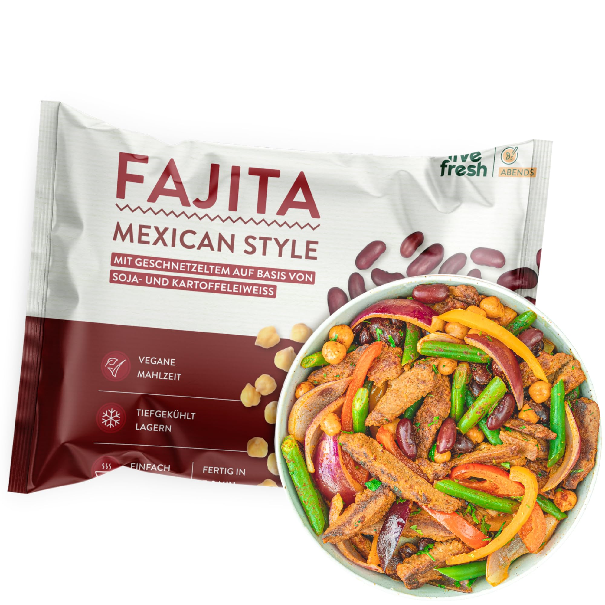 LiveFresh Fajita Mexican | 14 x 400g vegane Diät Feriggerichte | Low Carb Lebensmittel mit 32g Protein und nur 480 kcal pro Portion | Schnell zubereitet | Schonend schockgefrostet
