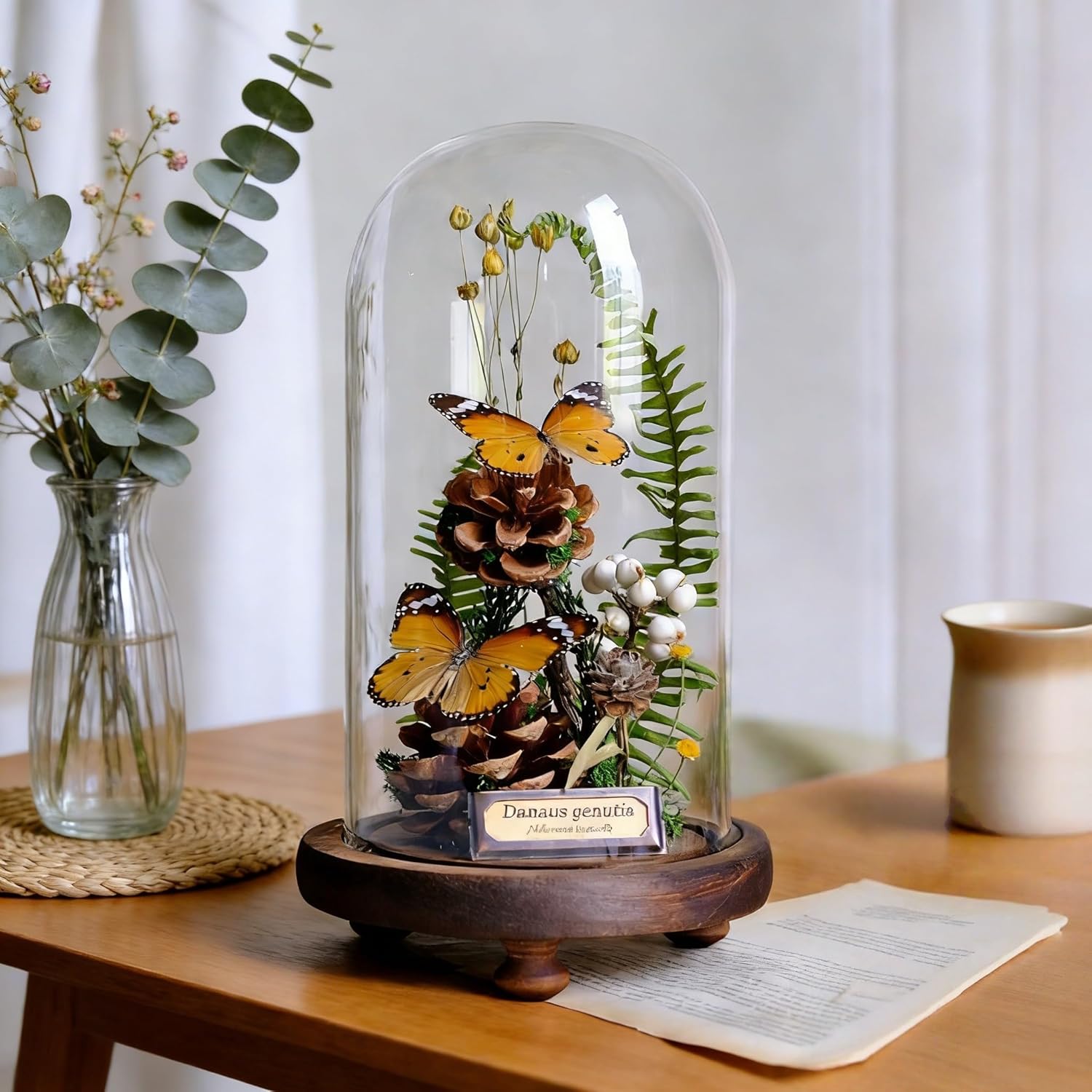 Glass Taxidermy Butterfly Framed Decoration, Butterfly Insects with Plant Specimens in Glass Shadow Box 4.7"x8.7", Ideal for Science Education and Desk Ornament (Double Monarch Butterflies)