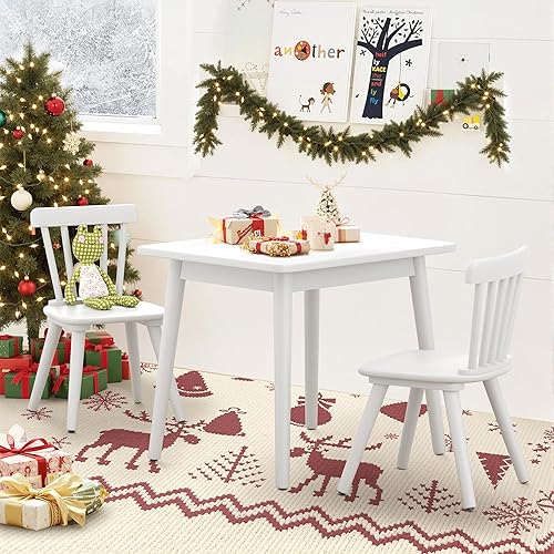 Curipeer Windsor Kids Table and 2 Chair Set, Rubberwood Toddler Table and Chair Set for Art, Play, Craft, Activity, with Non-Slip Legs Round Edge
