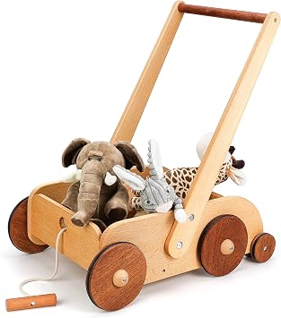Woodtoe Wooden Baby Walker, Adjustable Speed Anti-Rollover Push Walker Toy for Babies Learning to Walk, Natural Toddler Push and Pull Toys Wagon, Montessori Birthday Toy Gift for Boy Girl 1 2 3 Years