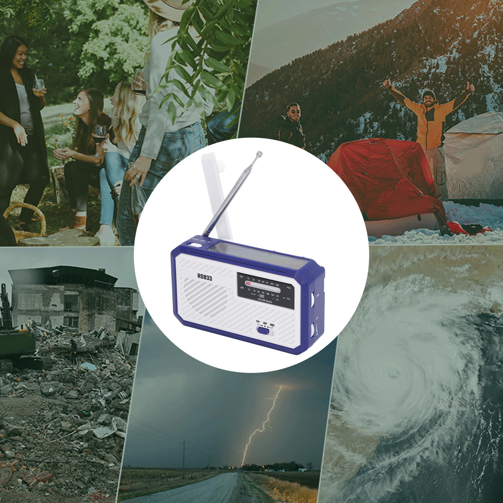 Radio Eléctrica de Manivela, Linterna LED Solar Multifuncional, Alarma SOS con Cargador de Teléfono Móvil de Emergencia para Uso Doméstico y Exterior. (Azul)