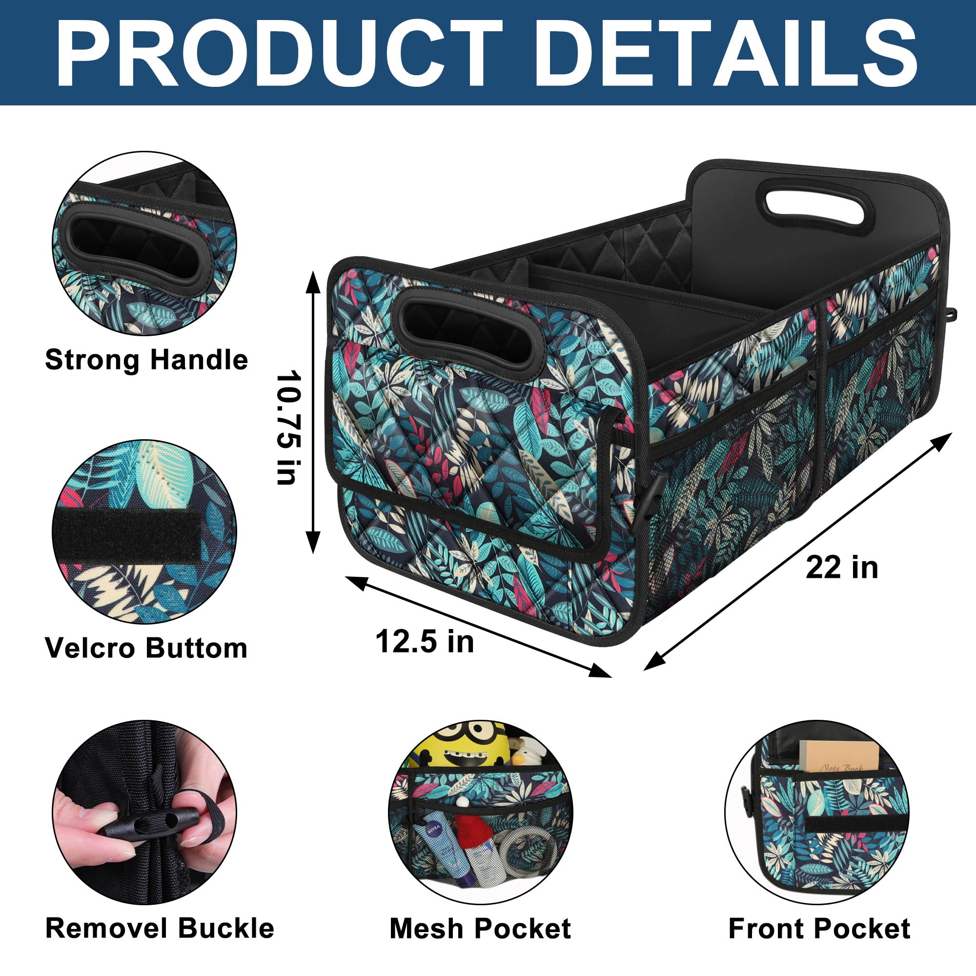 Deosk Organizador de maletero de coche, organizador plegable con 6 bolsillos grandes, organizador de maletero de poliéster impermeable 600D de 50 L para coche/SUV/minivan/camión, mediano, hojas